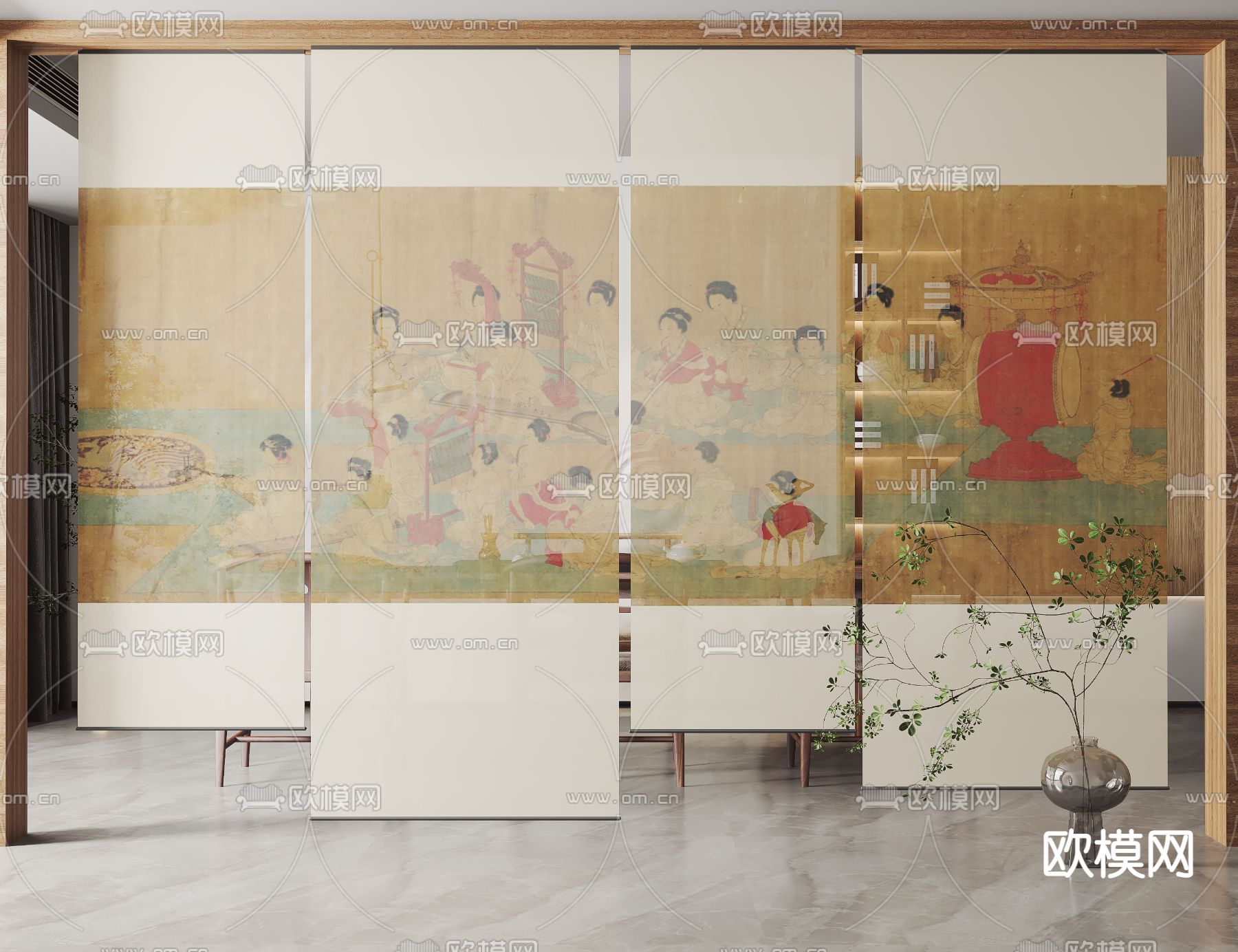 新中式纱帘卷帘3d模型下载