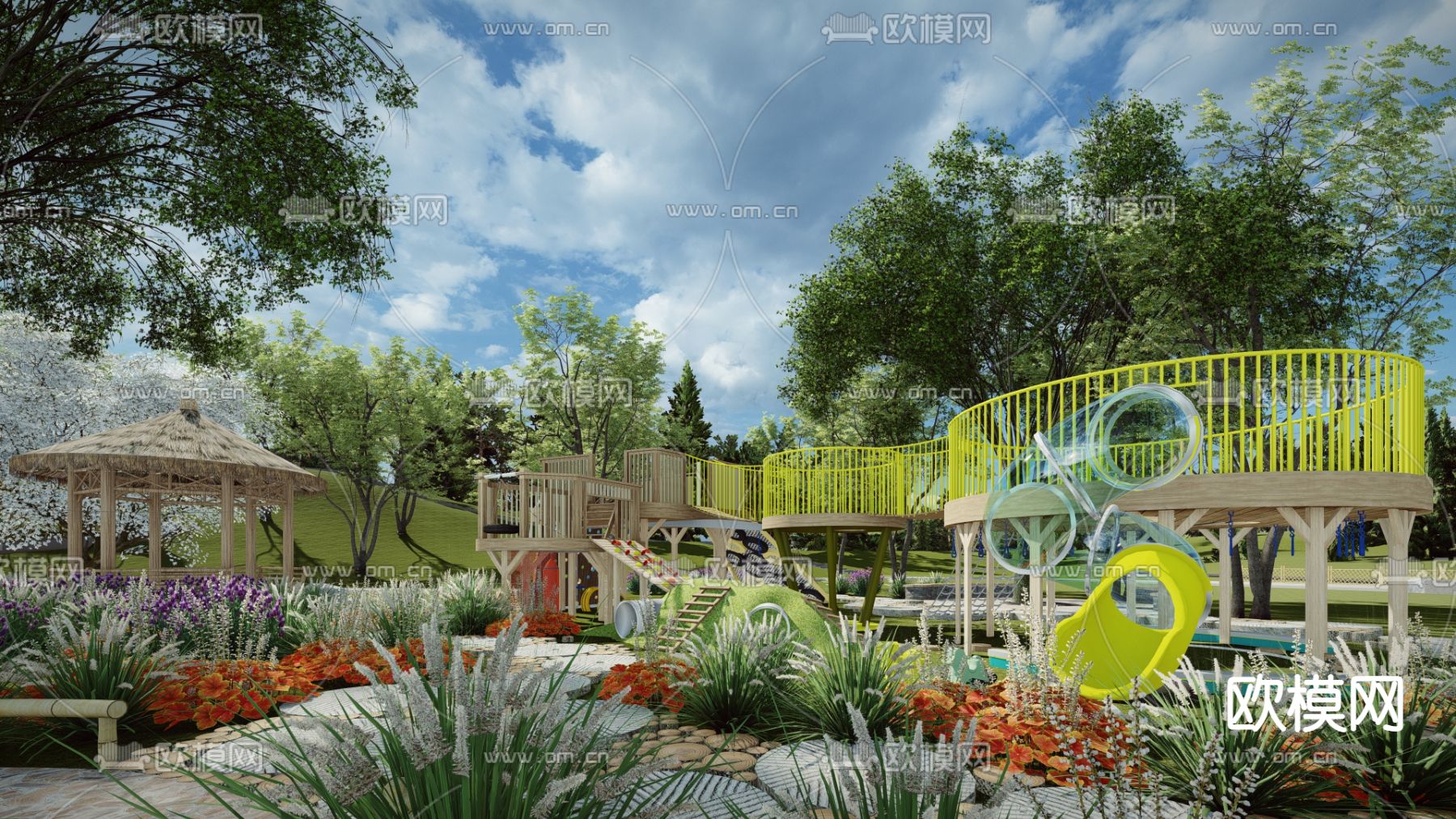 现代生态无动力游乐公园su模型下载（渲染图1）