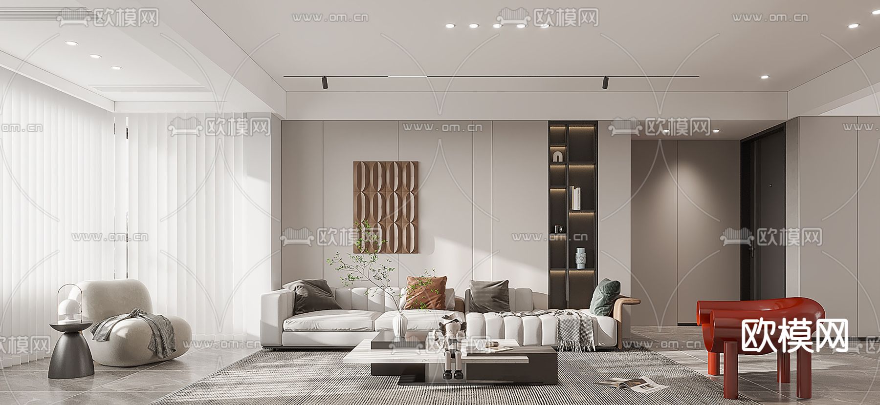 现代轻奢客厅餐厅3d模型下载（渲染图1）