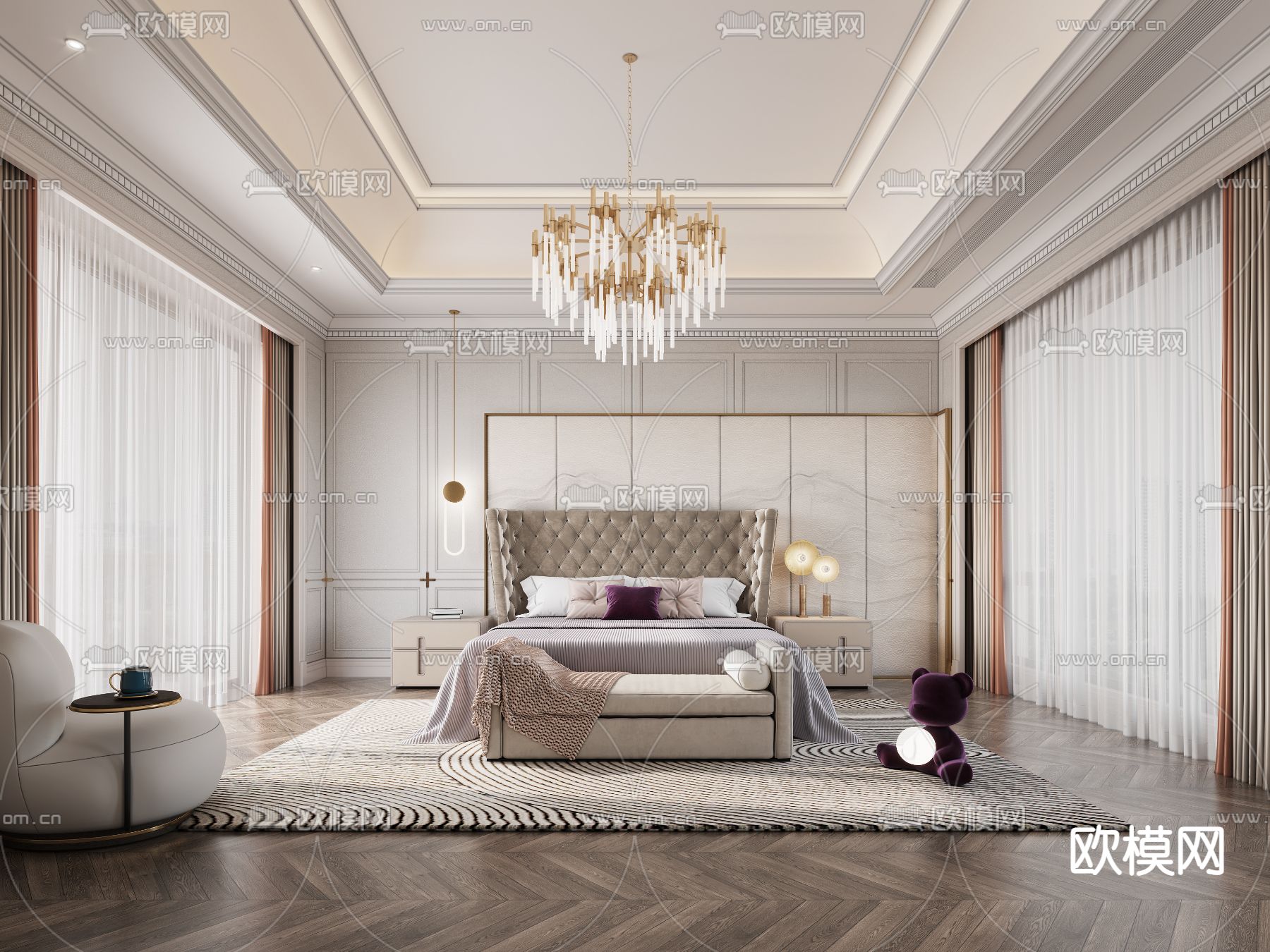 简欧卧室主人房3d模型下载