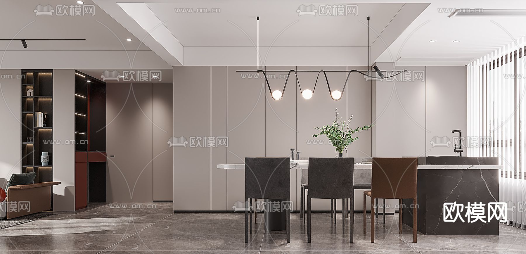 现代轻奢客厅餐厅3d模型下载（渲染图3）