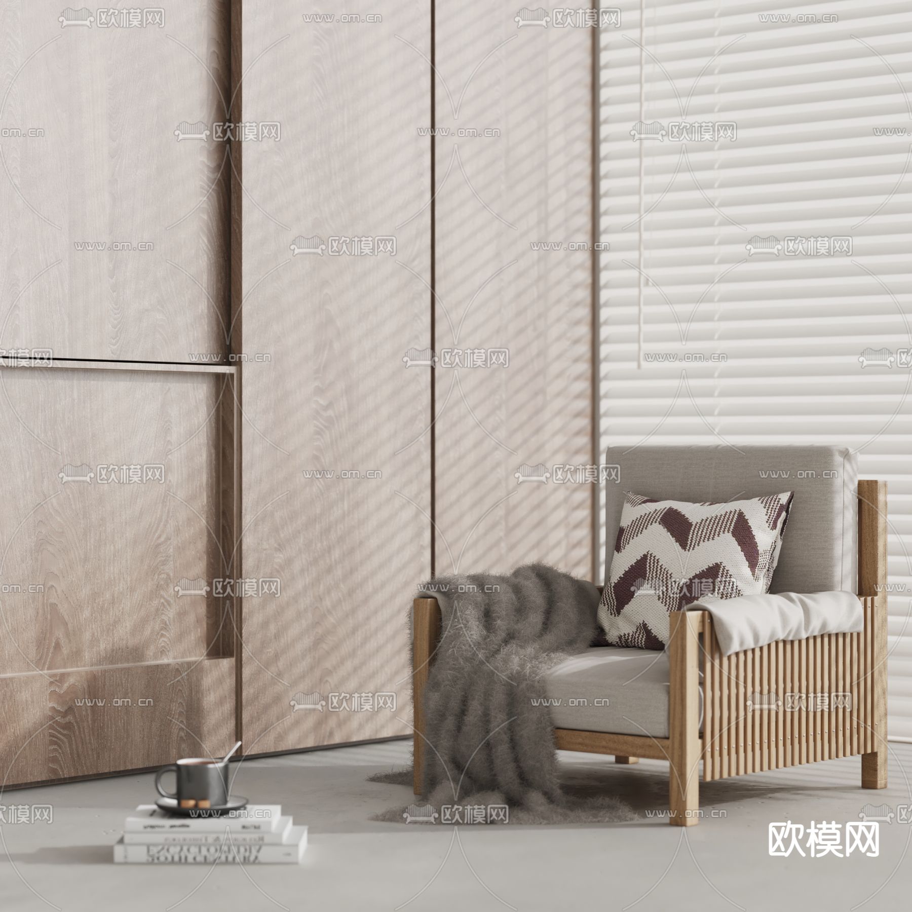 侘寂风实木单人沙发3d模型下载