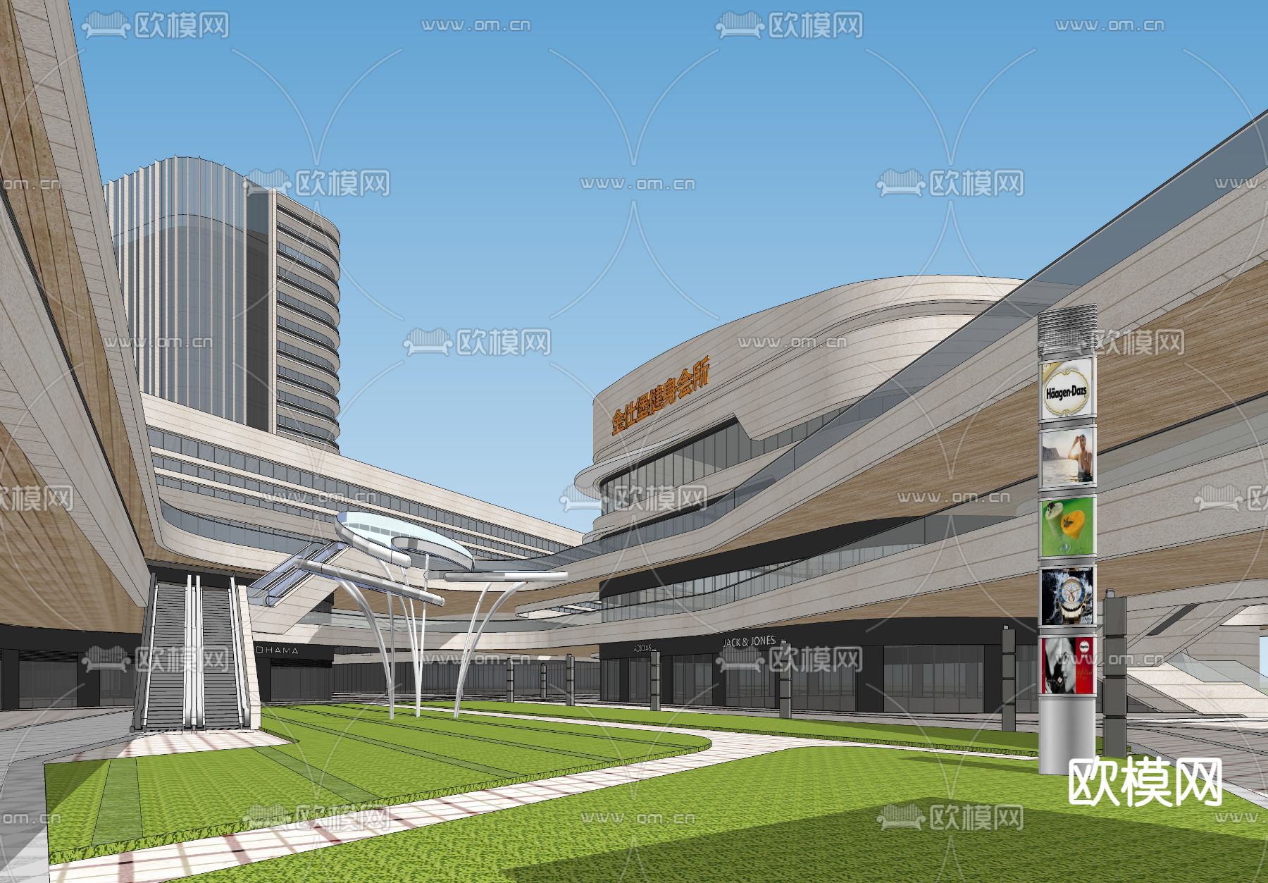 现代商业综合楼鸟瞰su模型下载（渲染图4）