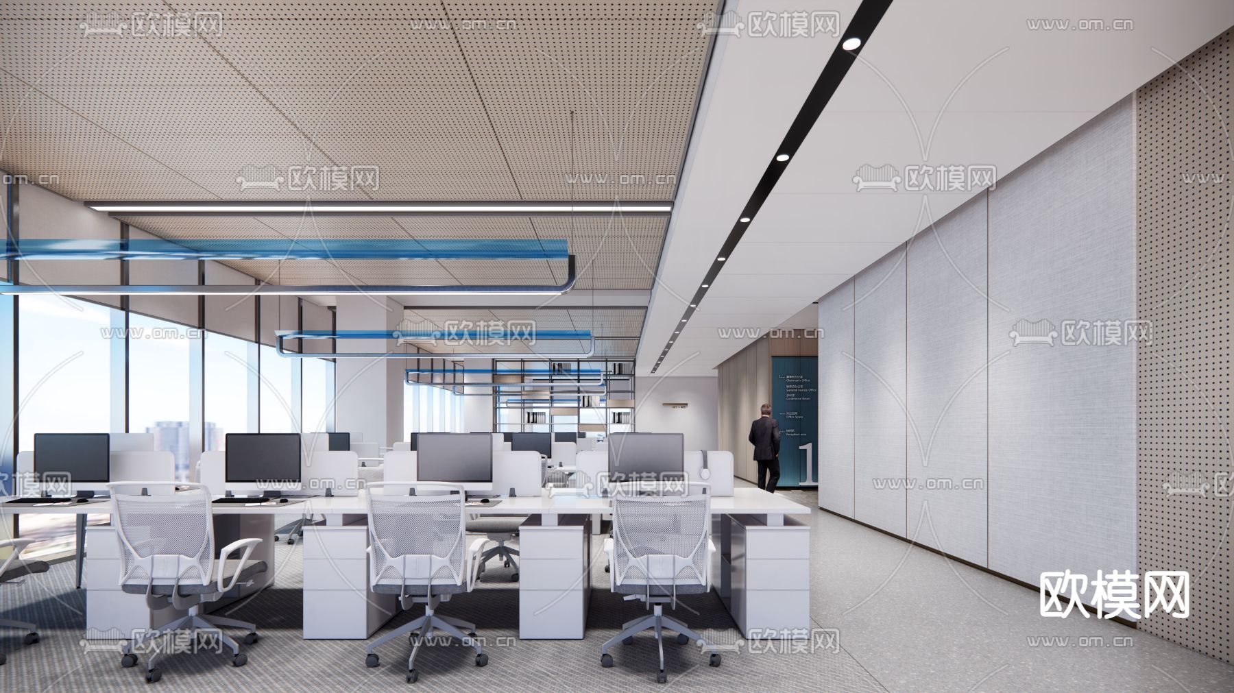 现代开放式办公区su模型下载（渲染图1）