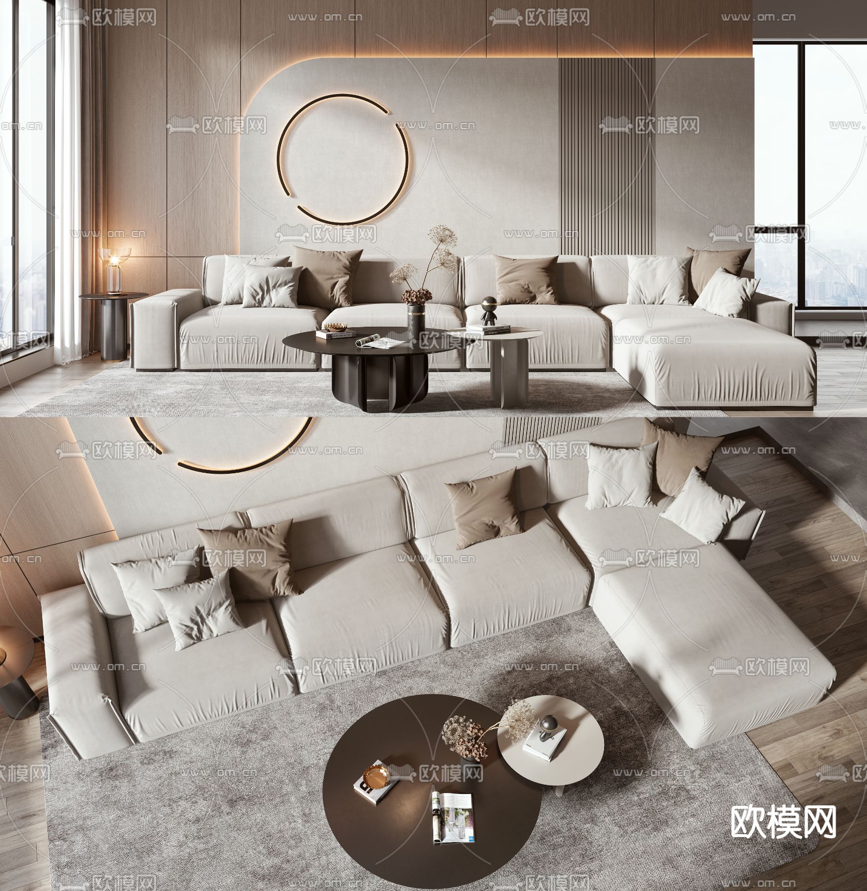 现代布艺转角沙发组合3d模型下载（渲染图1）