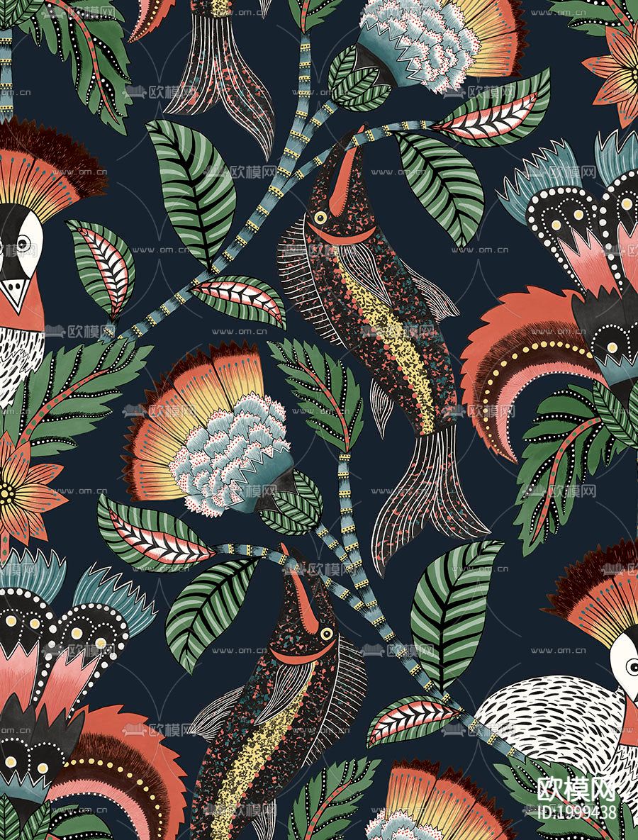 深蓝色植物动物卡通印花碎花壁纸下载