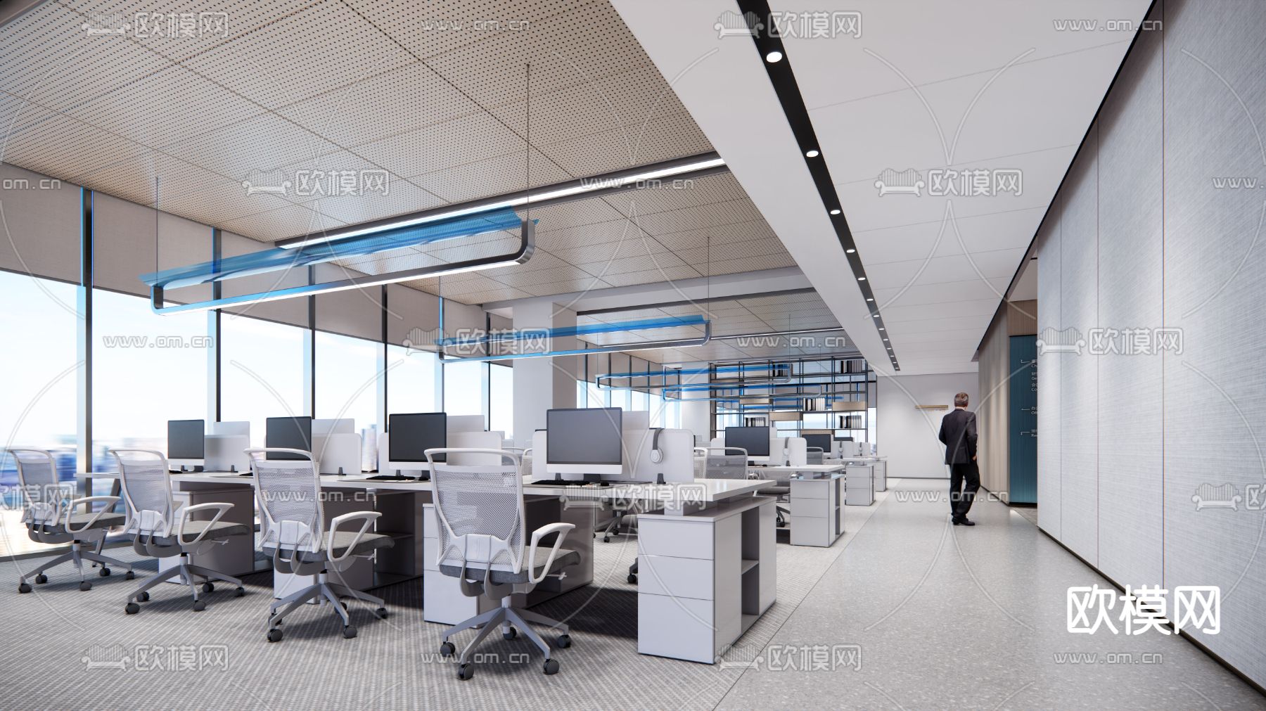 现代开放式办公区su模型下载（渲染图2）