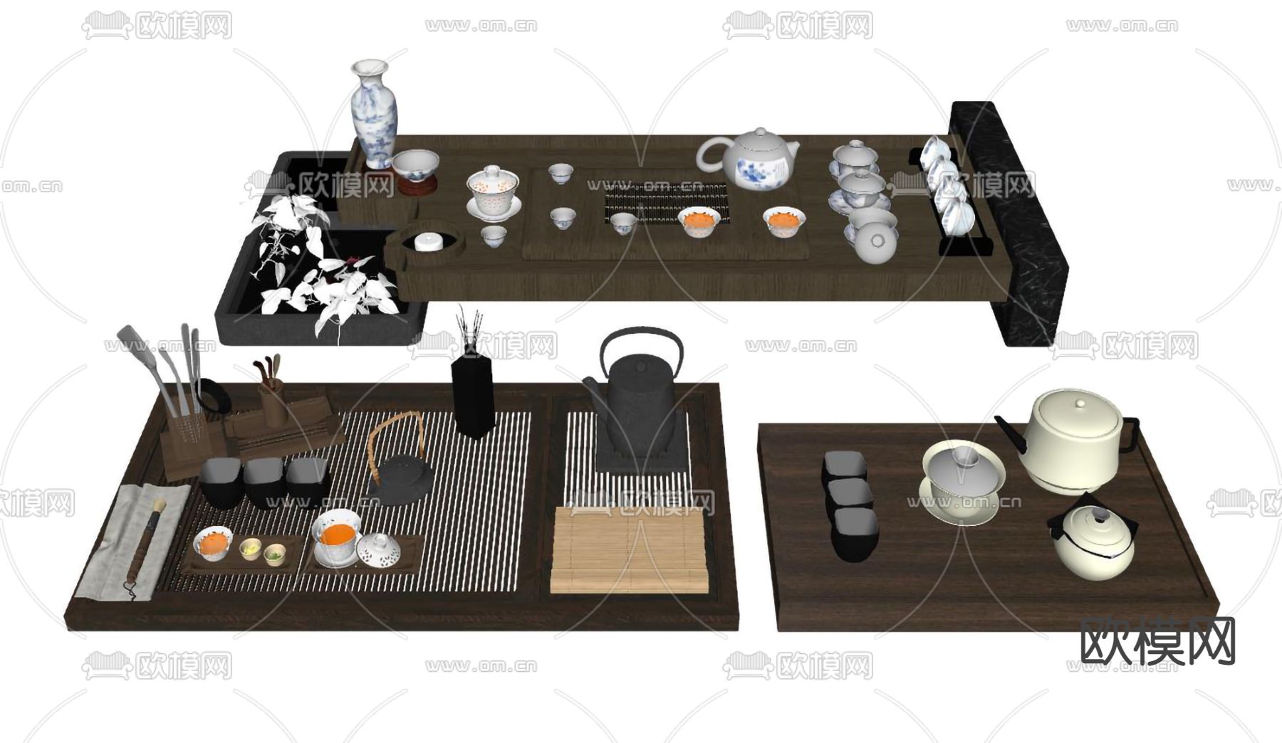 新中式茶盘茶具su模型下载（渲染图2）