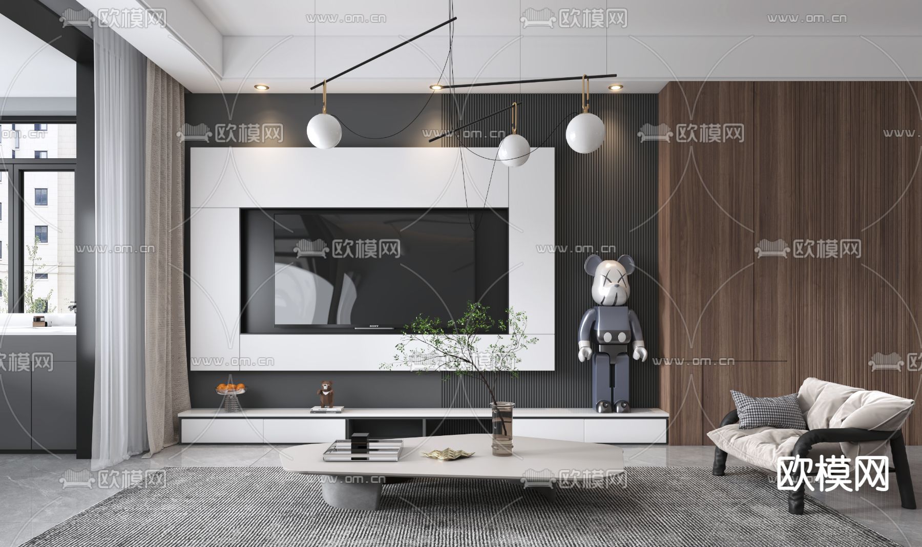 现代高级灰客厅餐厅3d模型下载（渲染图2）