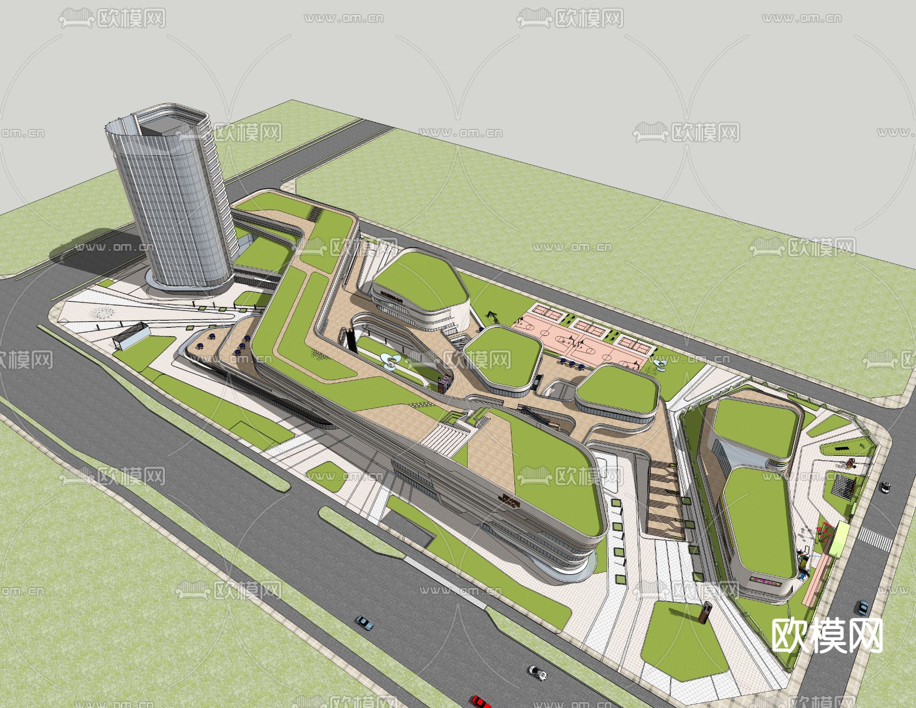 现代商业综合楼鸟瞰su模型下载（渲染图3）
