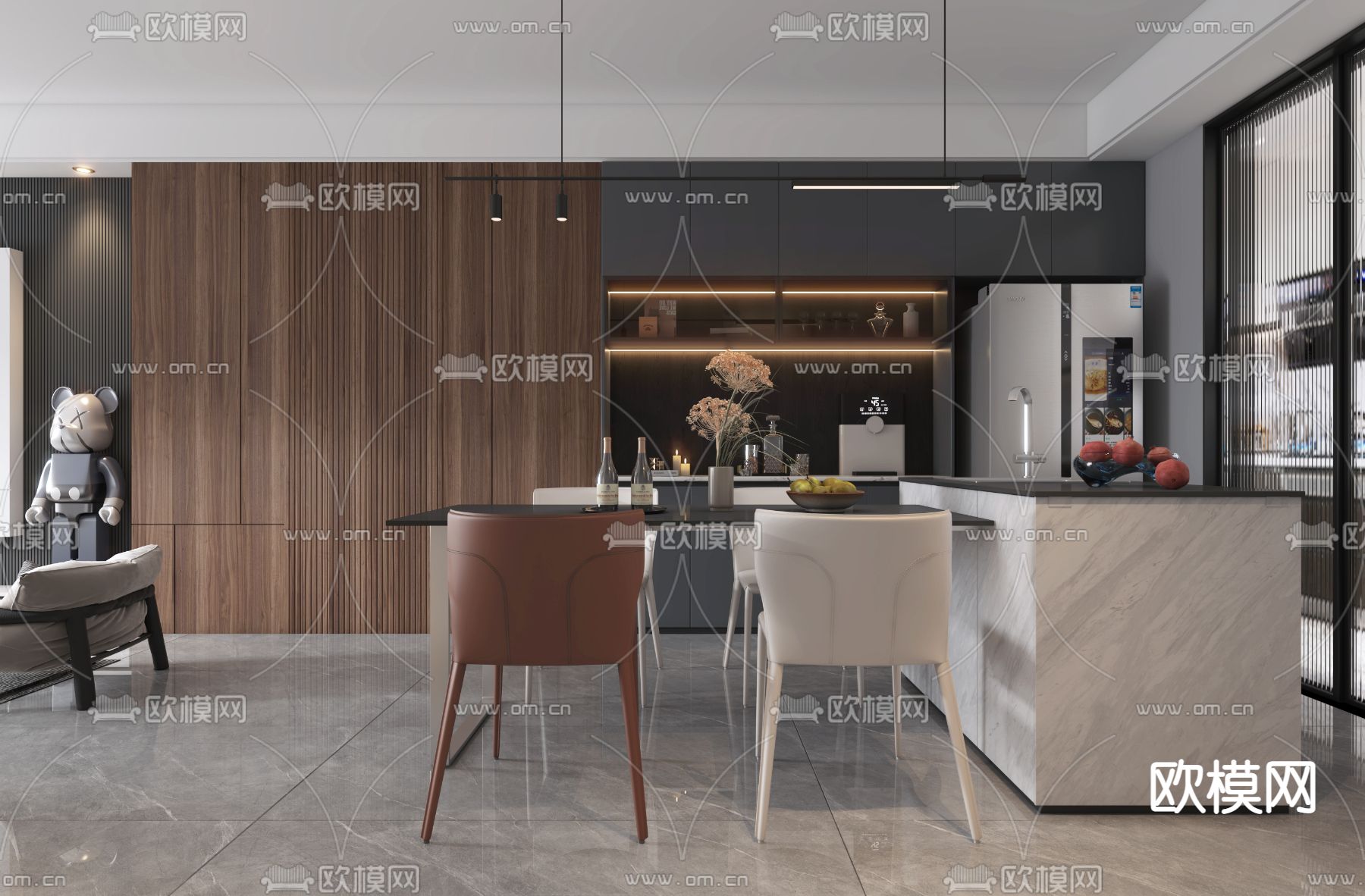 现代高级灰客厅餐厅3d模型下载（渲染图5）