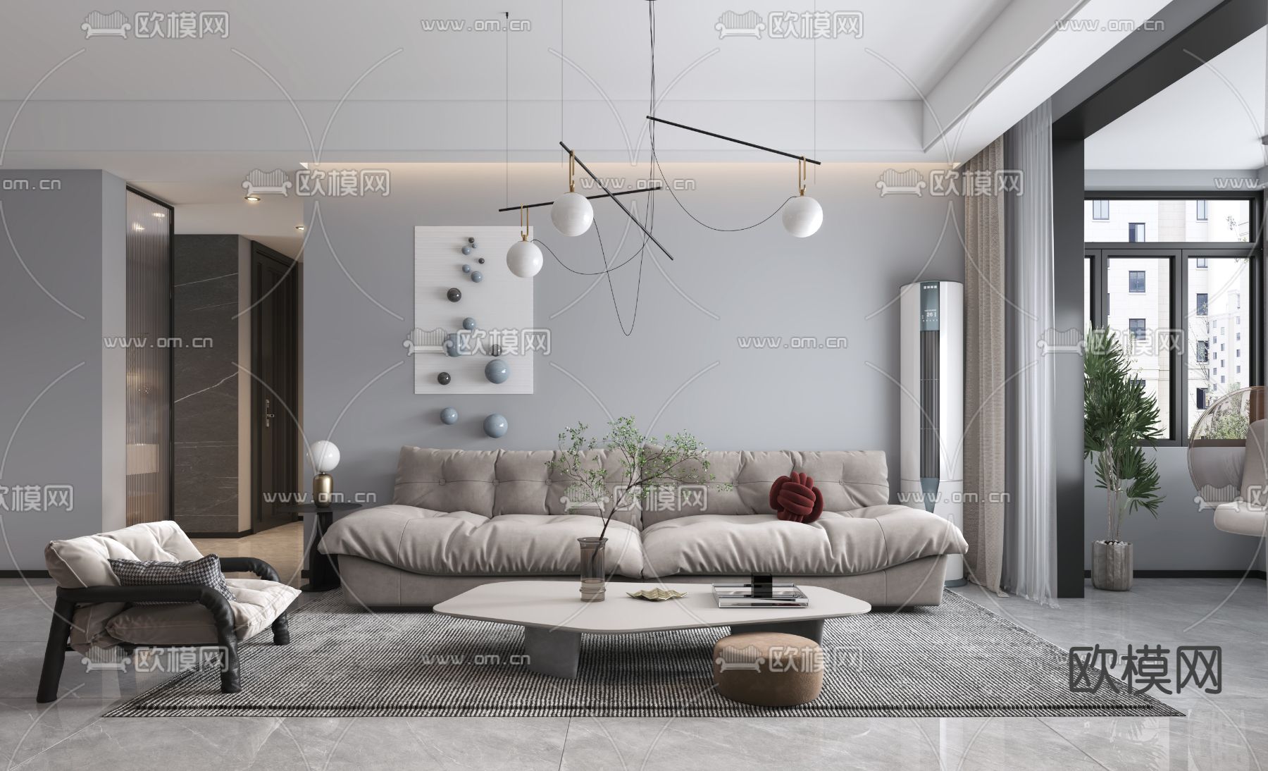 现代高级灰客厅餐厅3d模型下载（渲染图1）