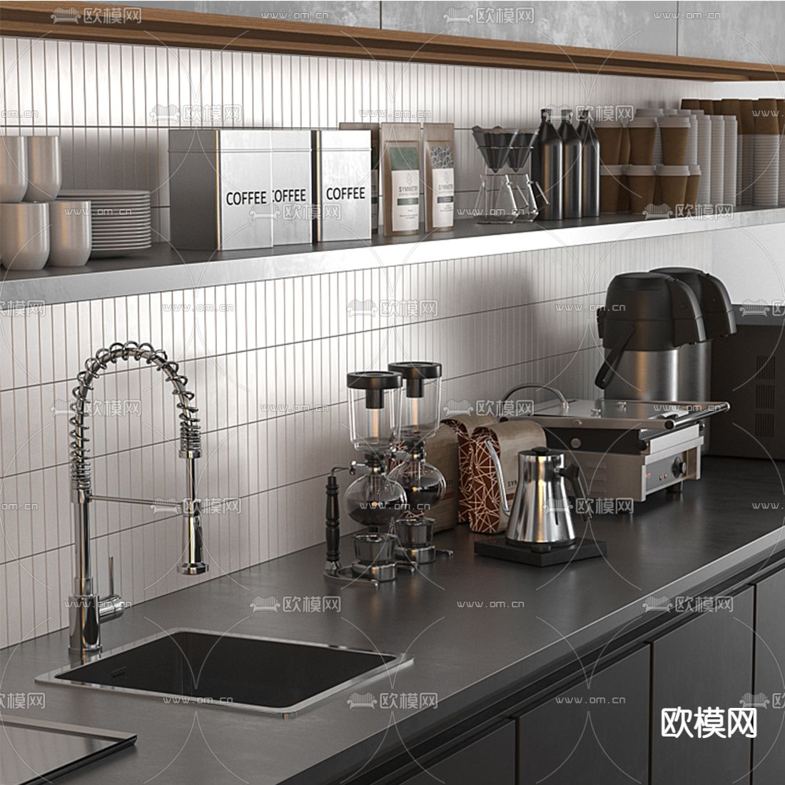 现代咖啡店操作台3d模型下载（渲染图2）