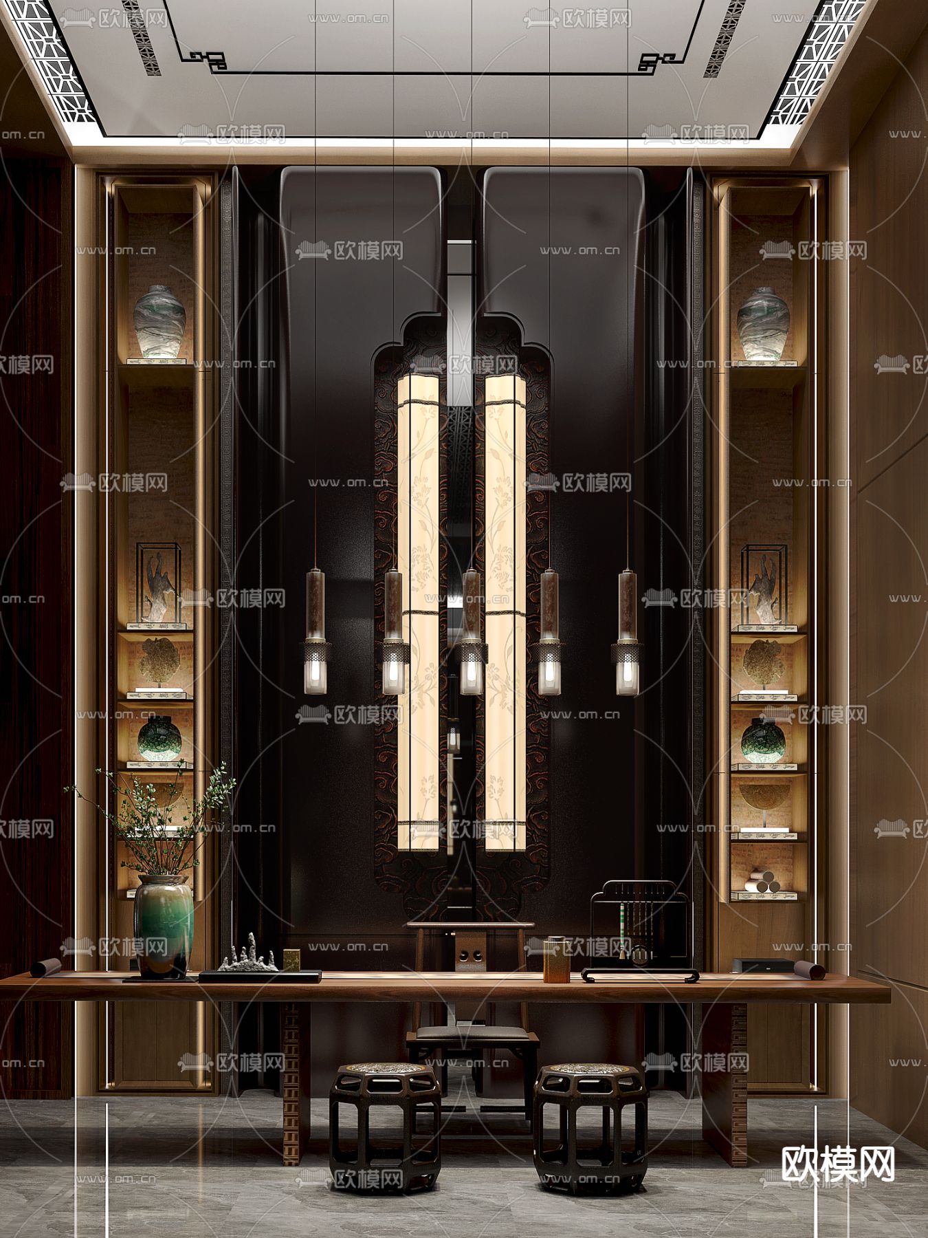 派尚设计 新中式茶室3d模型下载（渲染图1）