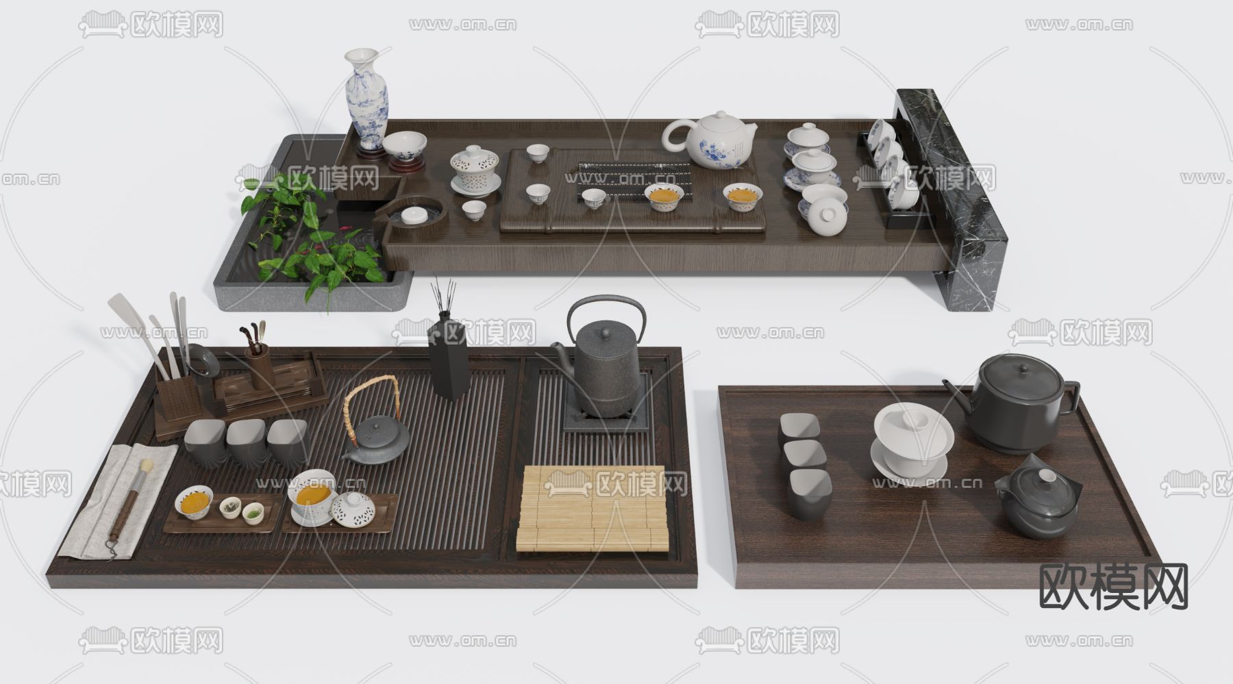 新中式茶盘茶具su模型下载（渲染图1）