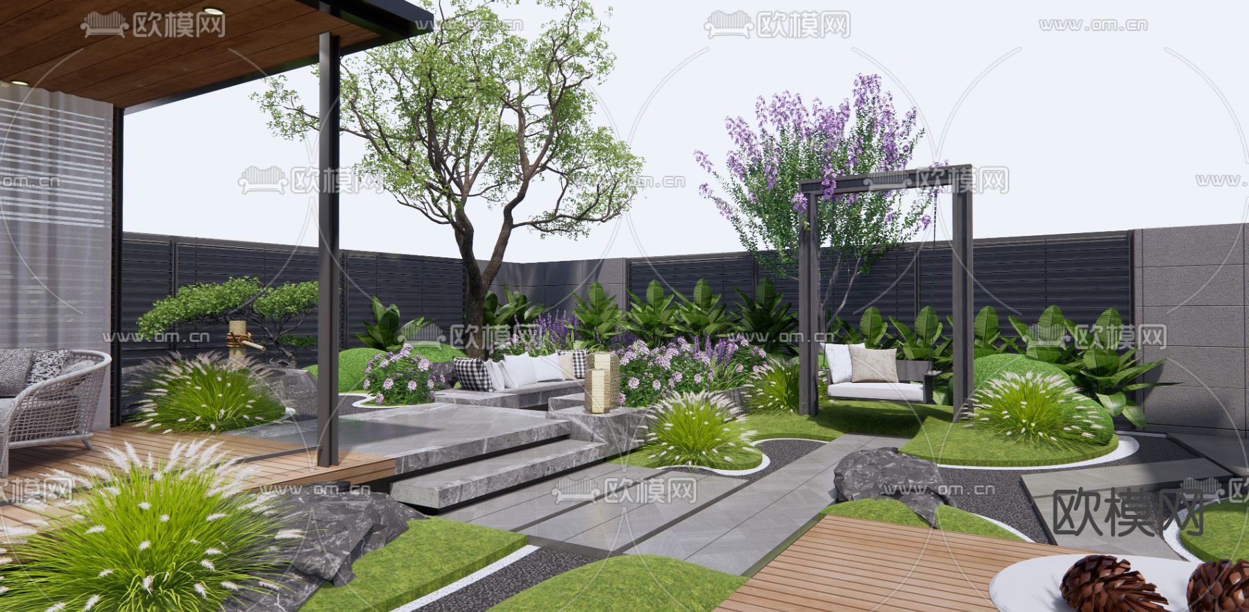 现代庭院花园su模型下载（渲染图1）