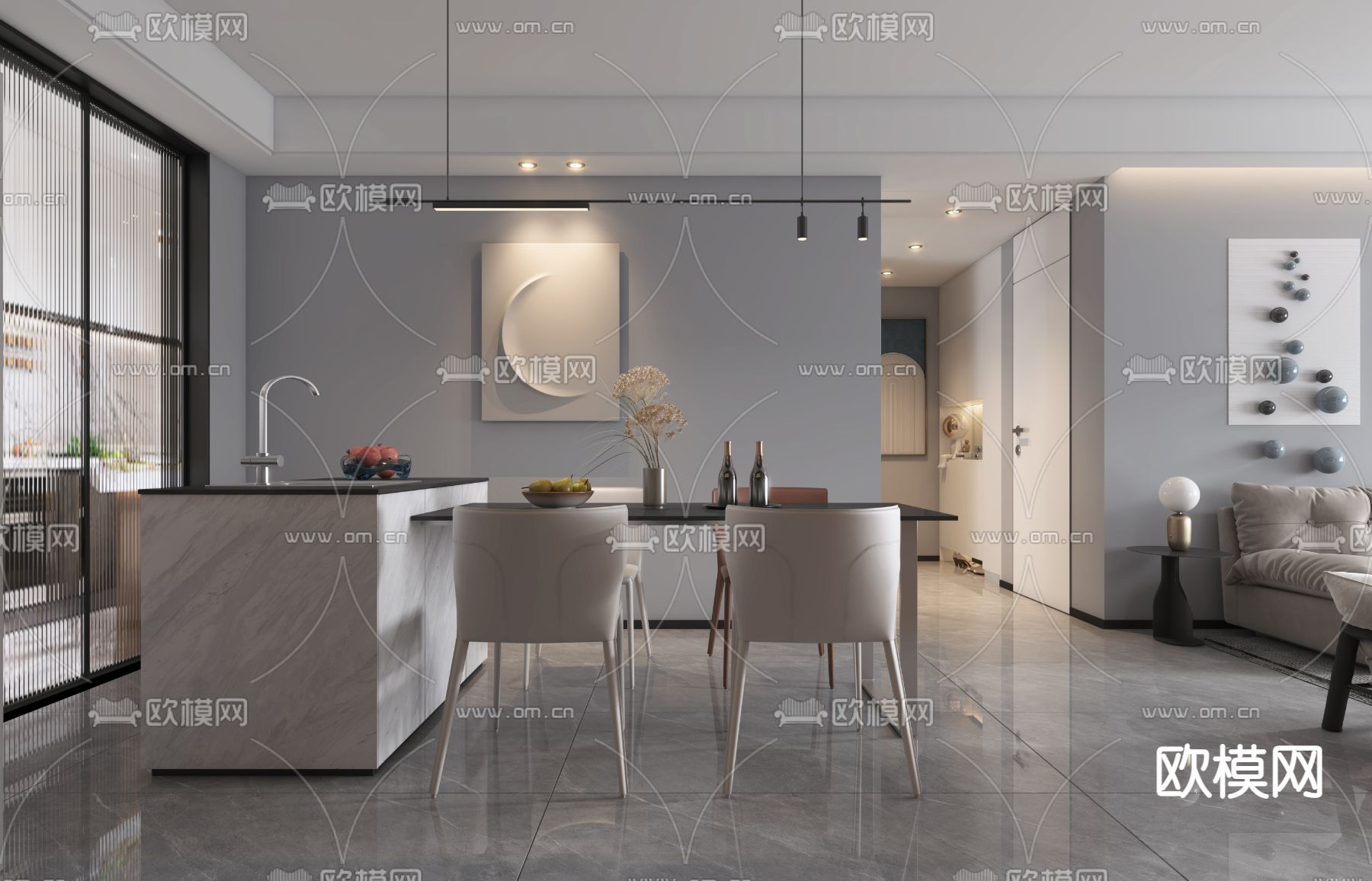 现代高级灰客厅餐厅3d模型下载（渲染图4）