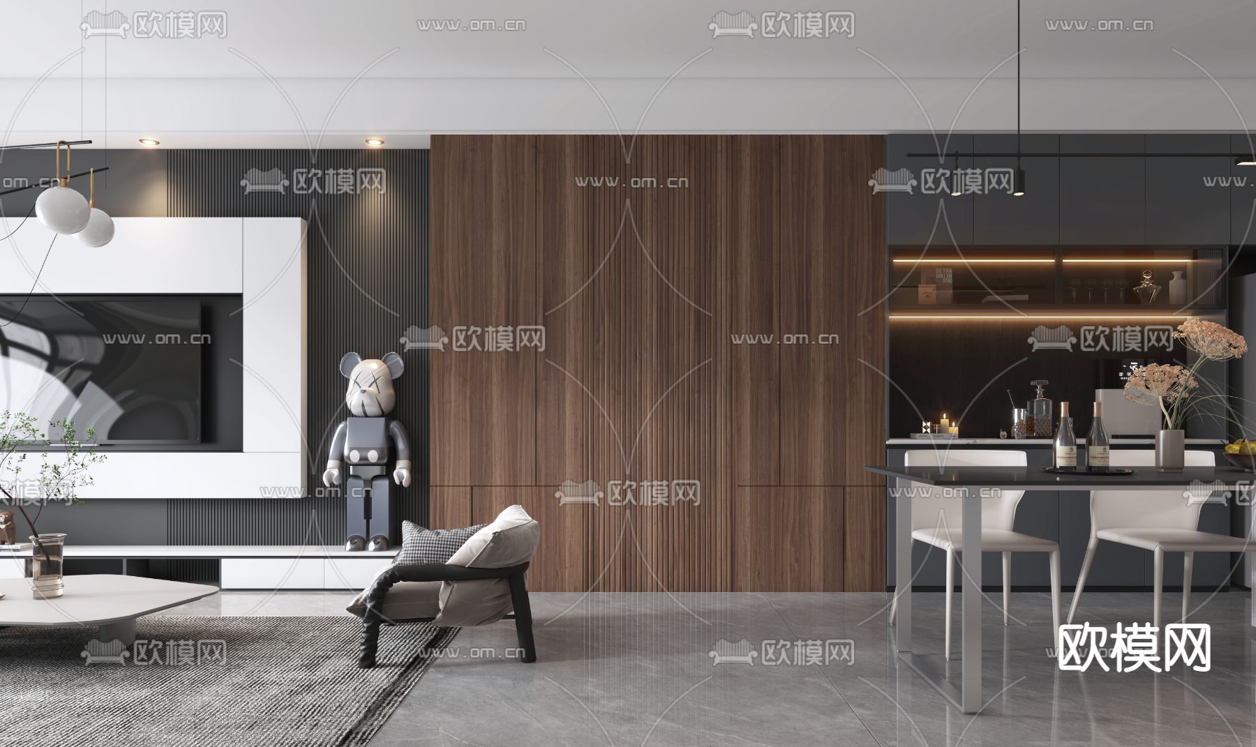 现代高级灰客厅餐厅3d模型下载（渲染图3）