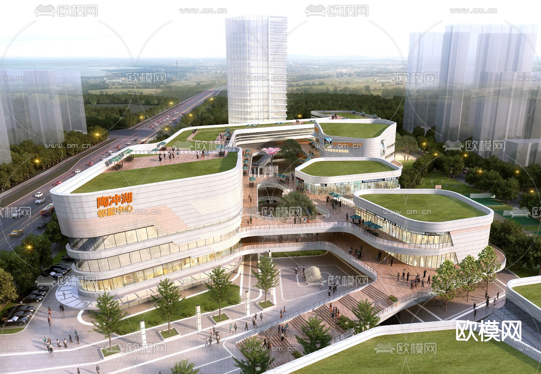 现代商业综合楼鸟瞰su模型下载（渲染图2）