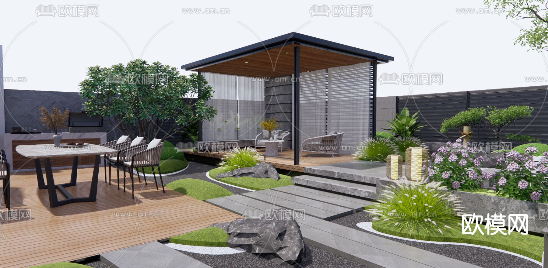 现代庭院花园su模型下载（渲染图2）