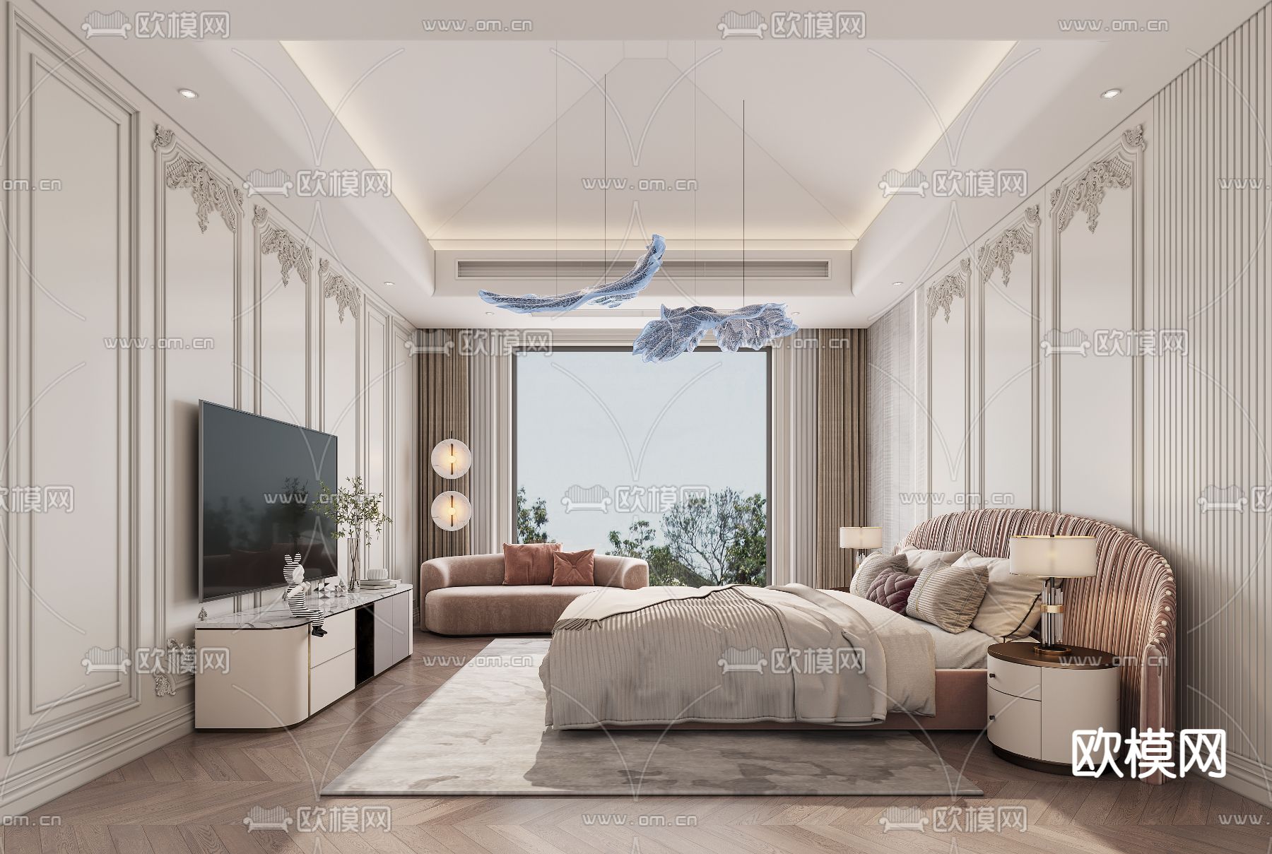 法式卧室主人房3d模型下载（渲染图1）
