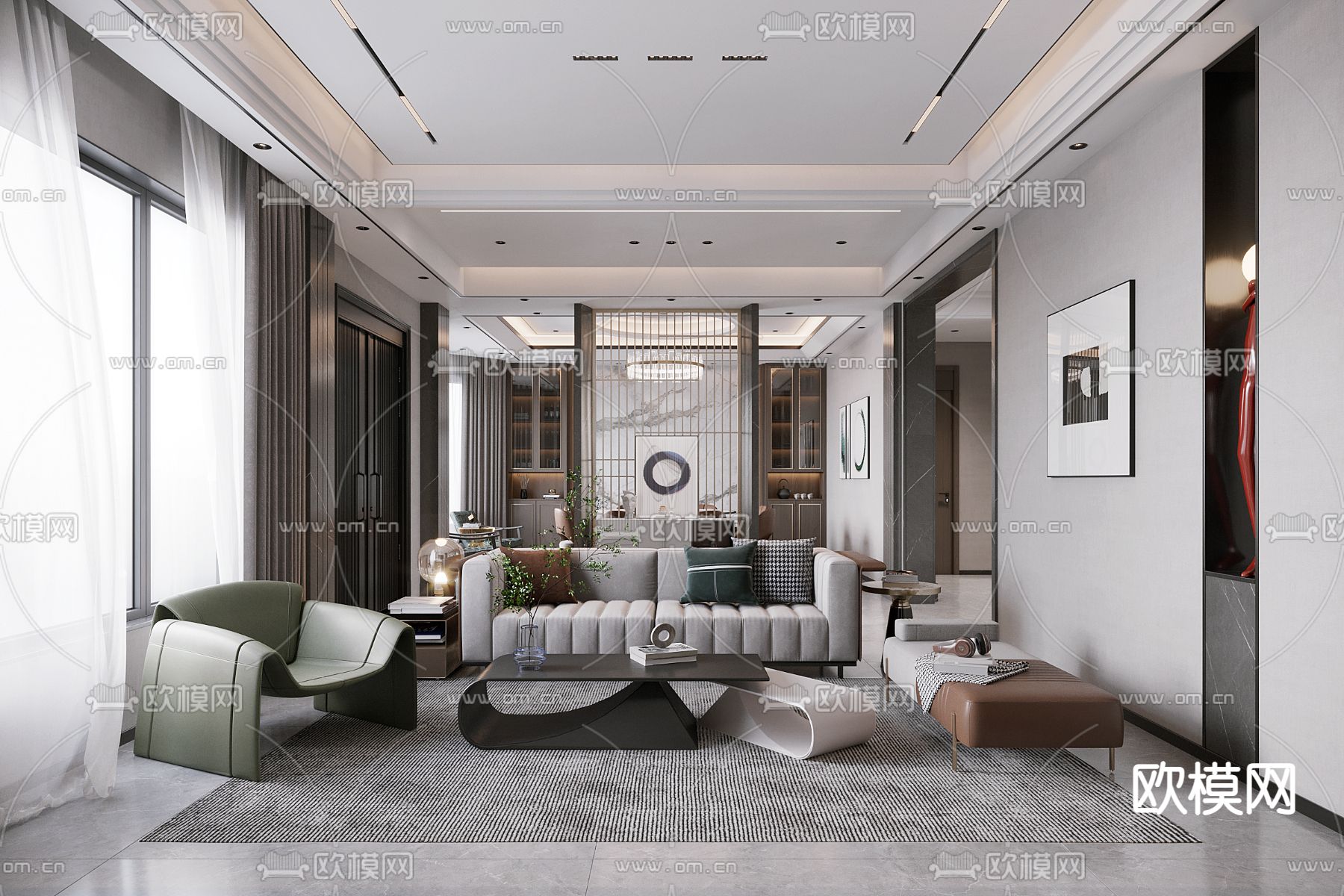 现代轻奢客厅餐厅3d模型下载（渲染图1）