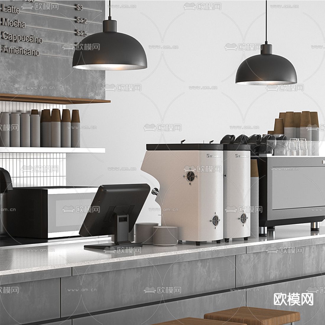 现代咖啡店操作台3d模型下载（渲染图3）