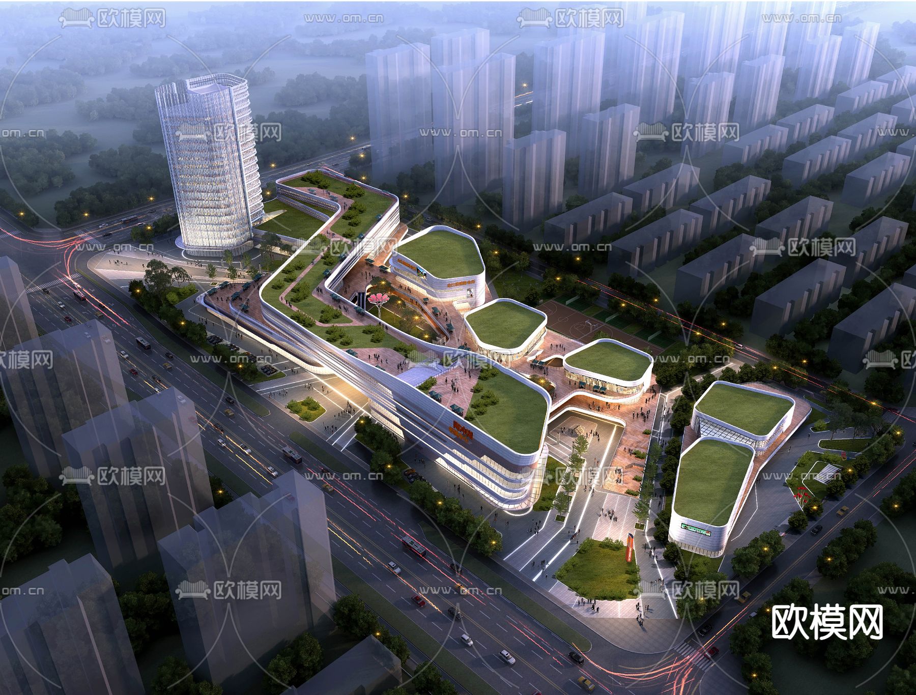 现代商业综合楼鸟瞰su模型下载（渲染图1）