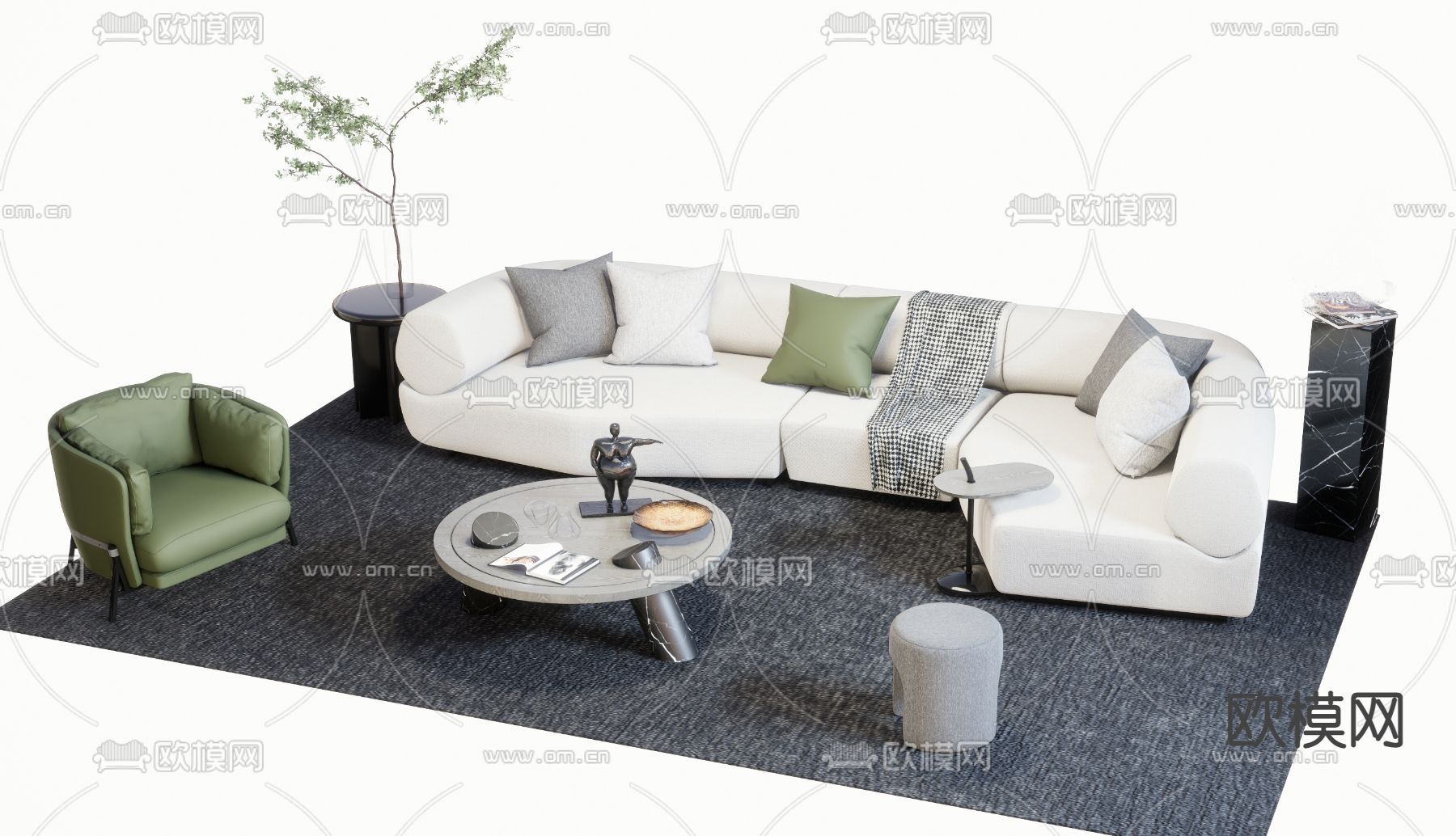 现代布艺沙发组合su模型下载（渲染图1）