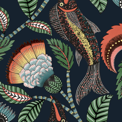  深蓝色植物动物卡通印花碎花壁纸 