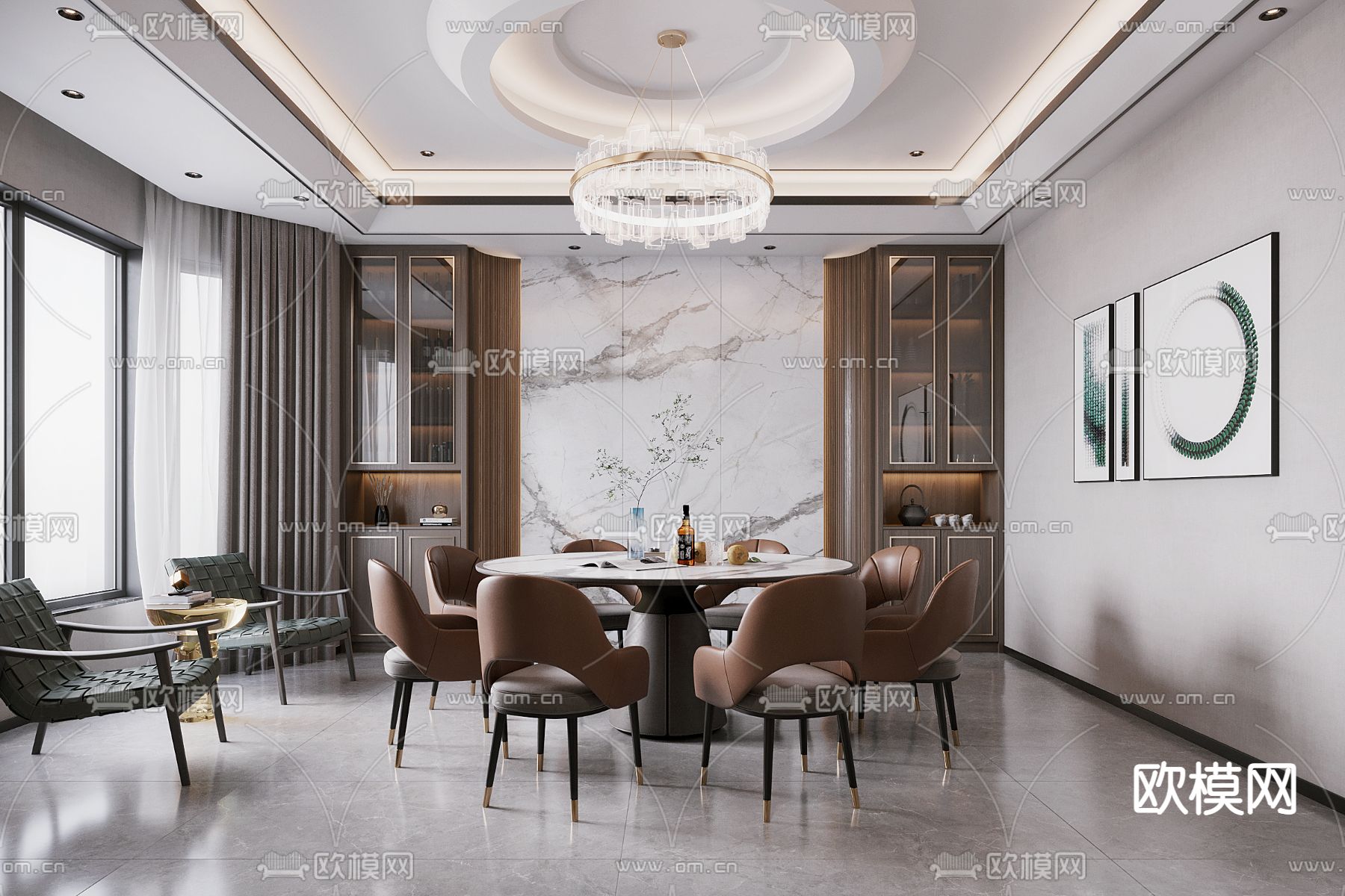 现代轻奢客厅餐厅3d模型下载（渲染图3）