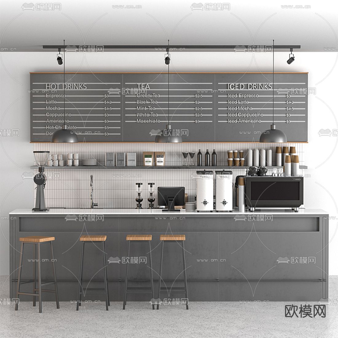 现代咖啡店操作台3d模型下载（渲染图1）