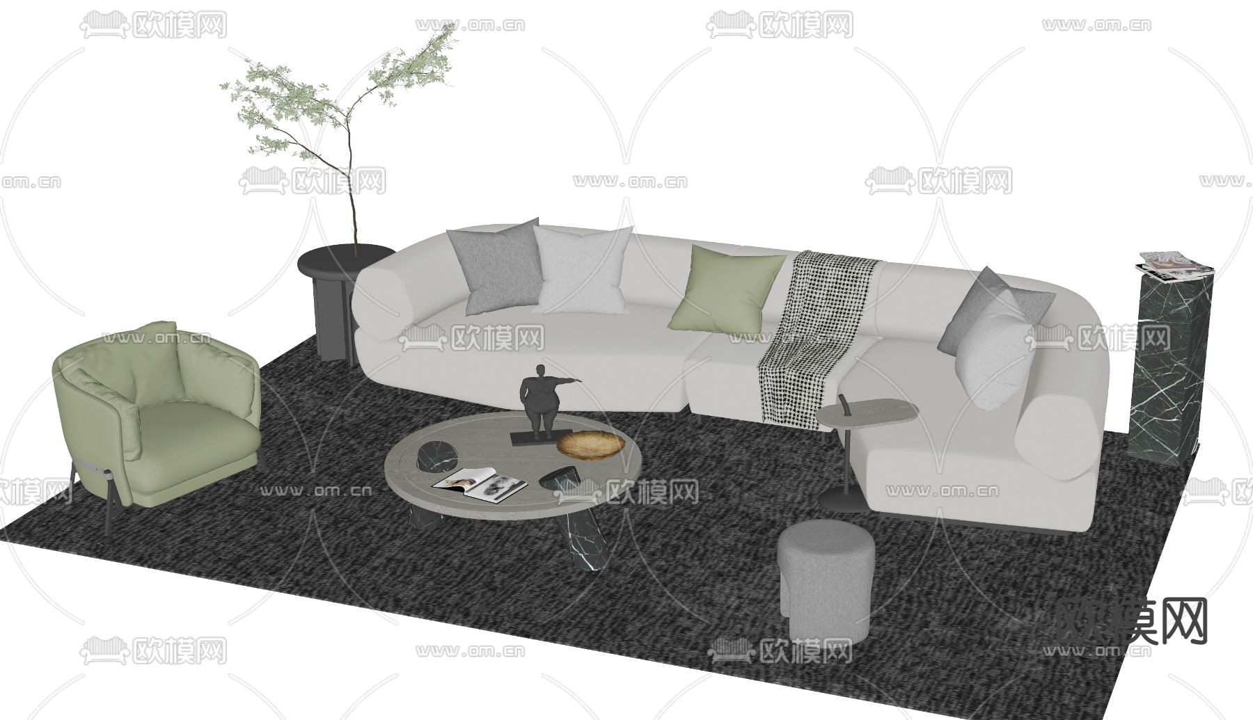 现代布艺沙发组合su模型下载（渲染图2）