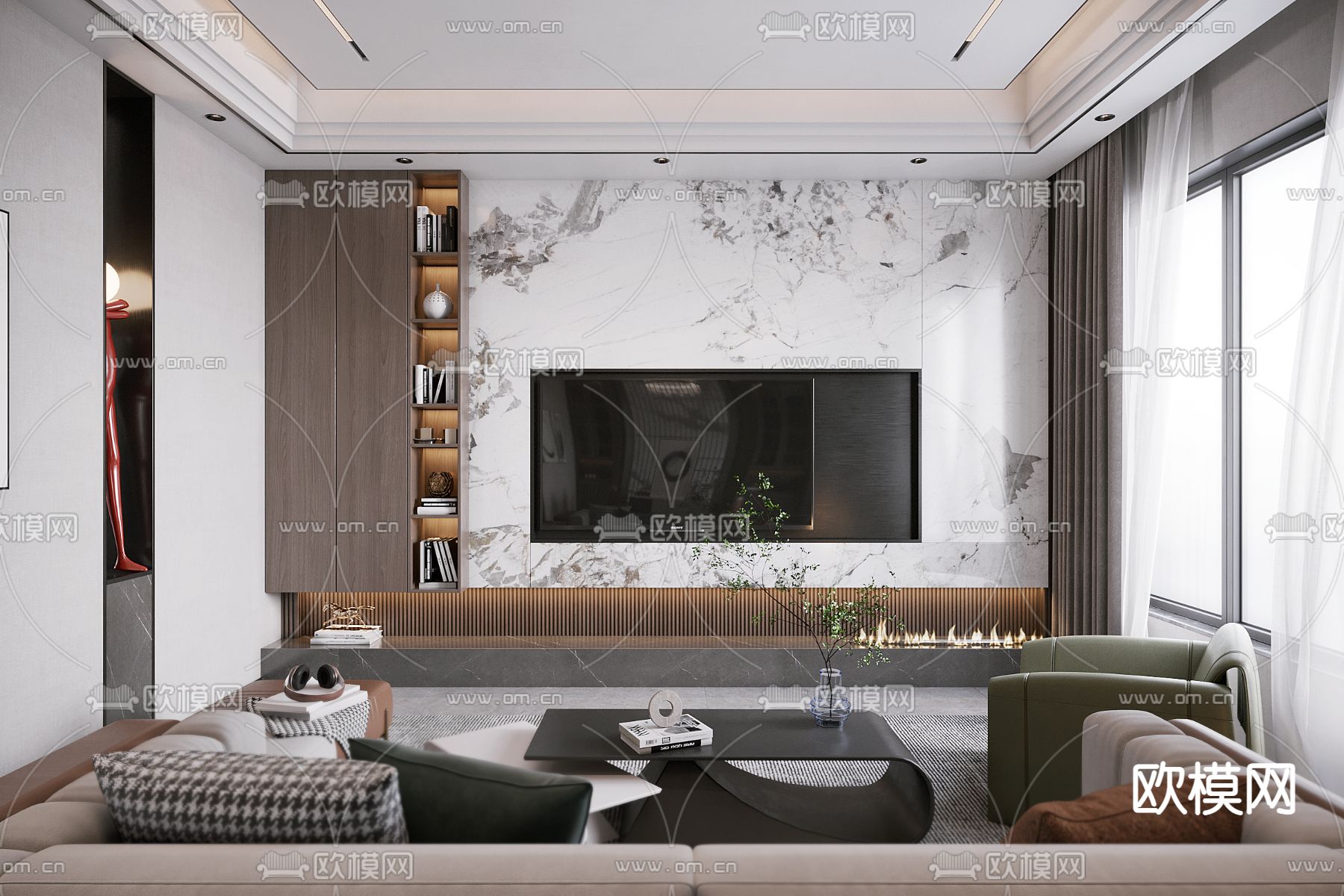 现代轻奢客厅餐厅3d模型下载（渲染图2）