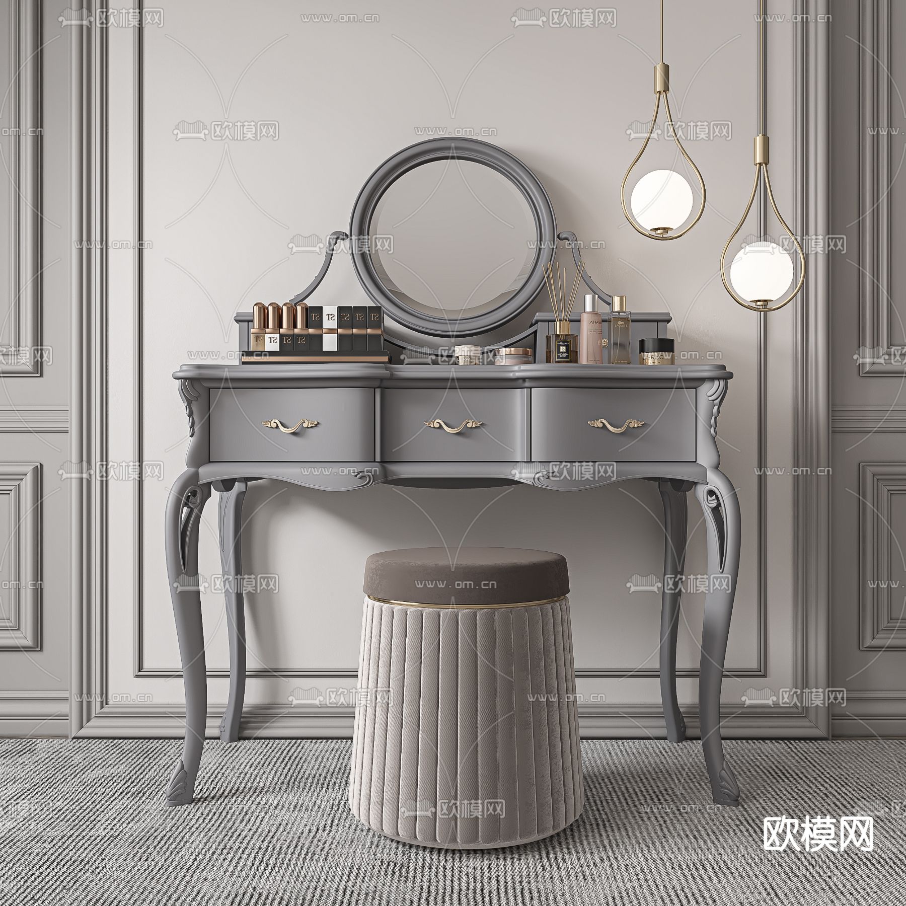 美式实木梳妆台3d模型下载