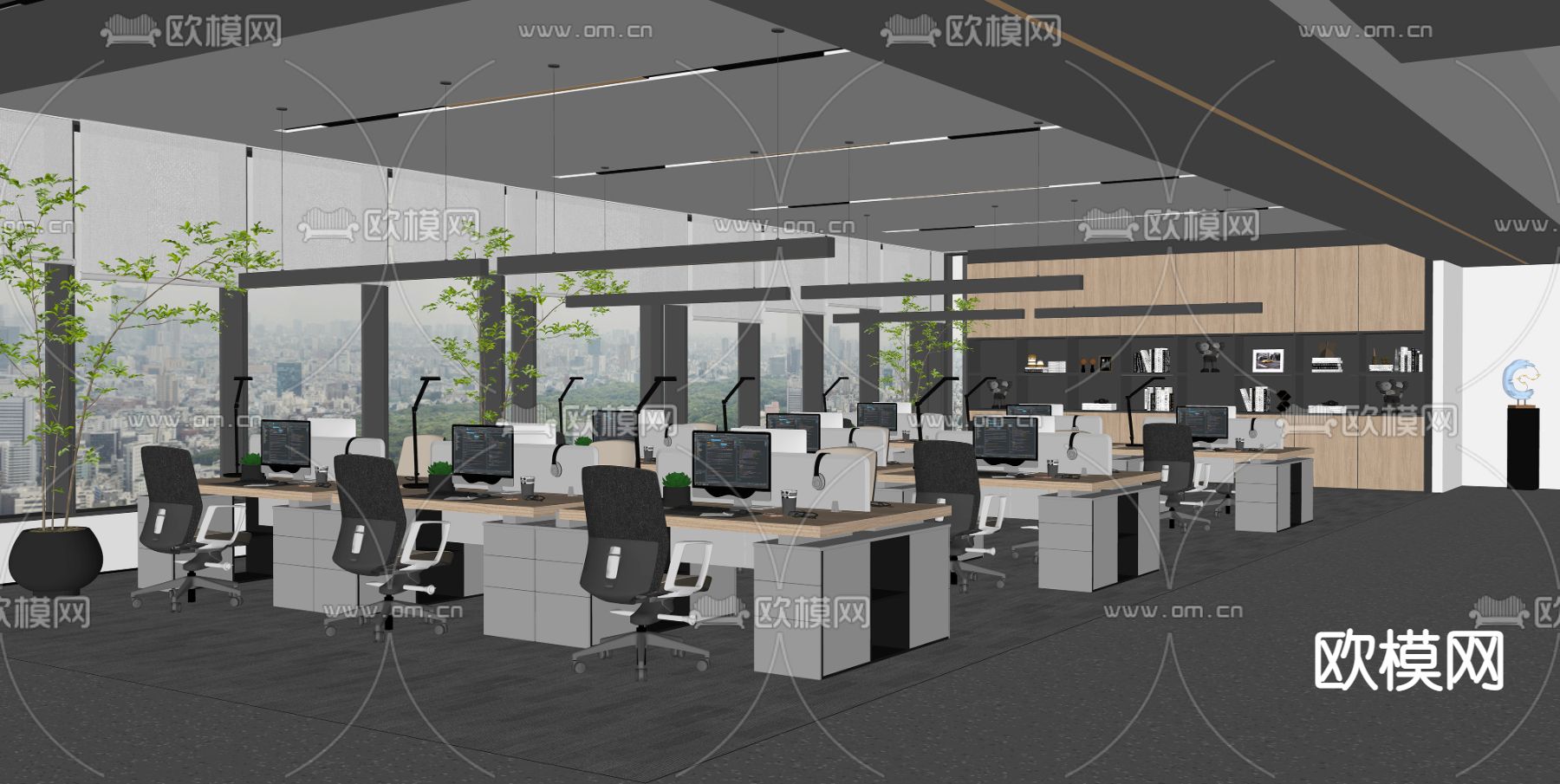 现代开放式办公区su模型下载（渲染图2）