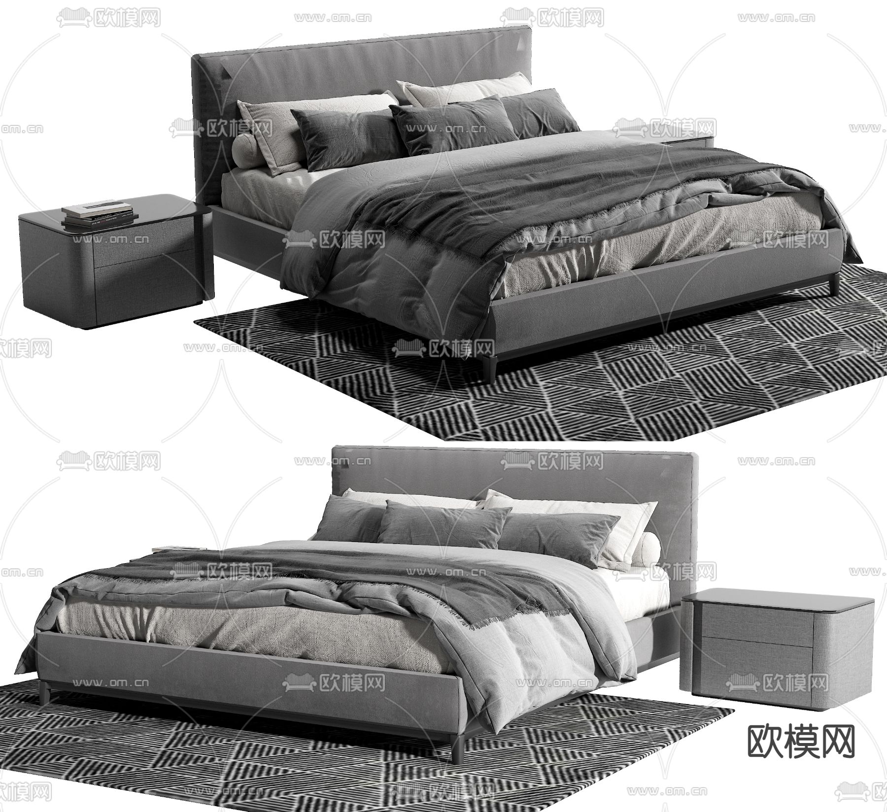 现代布艺双人床su模型下载（渲染图1）