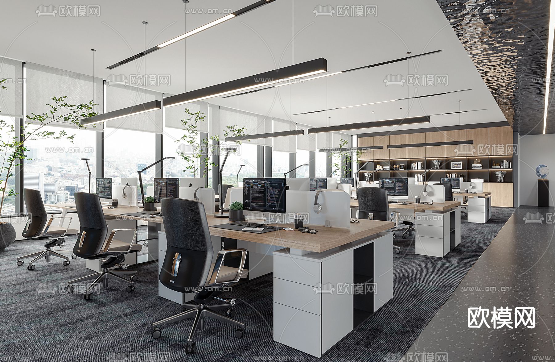 现代开放式办公区su模型下载（渲染图1）