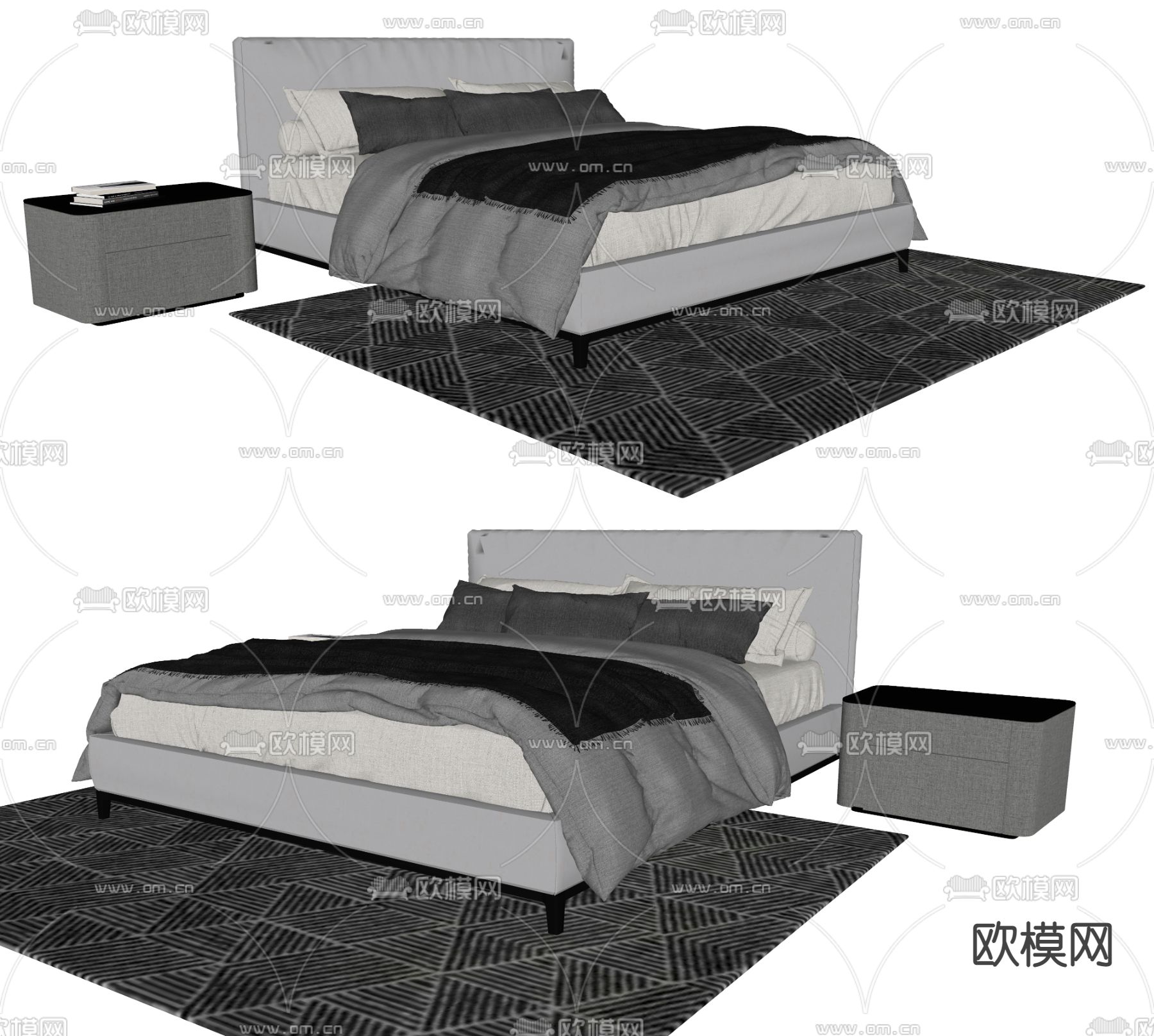 现代布艺双人床su模型下载（渲染图2）