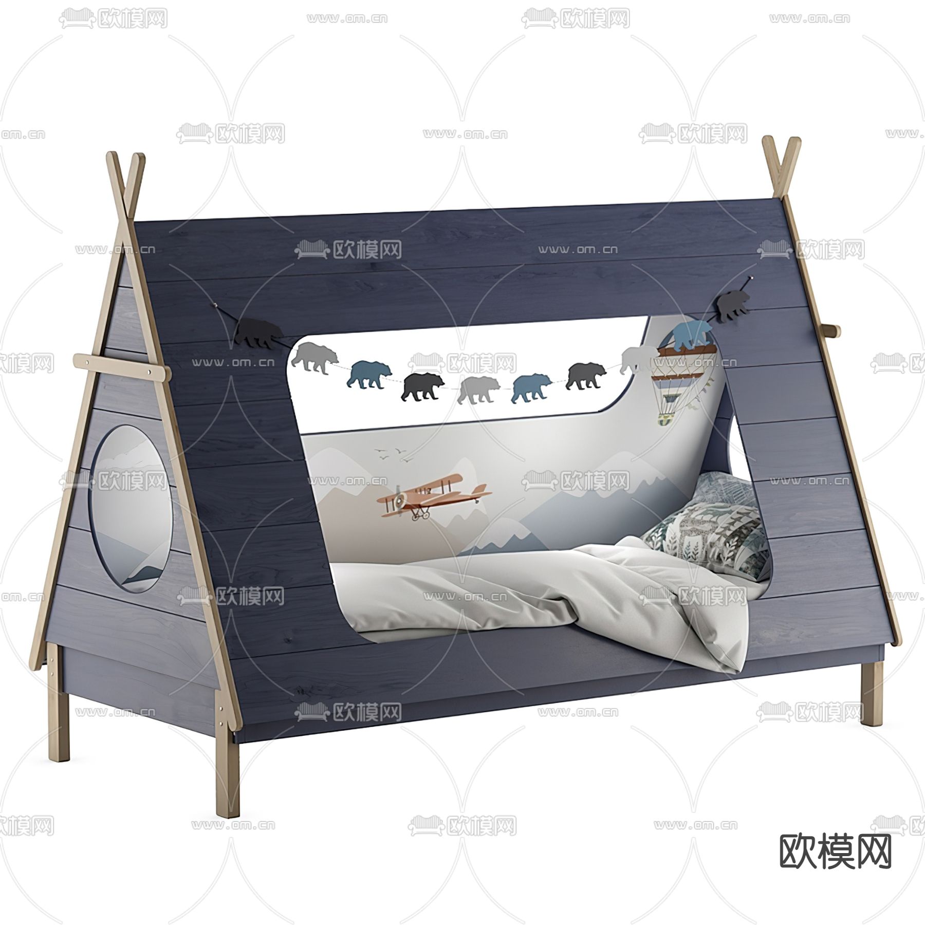 现代儿童床su模型下载（渲染图1）