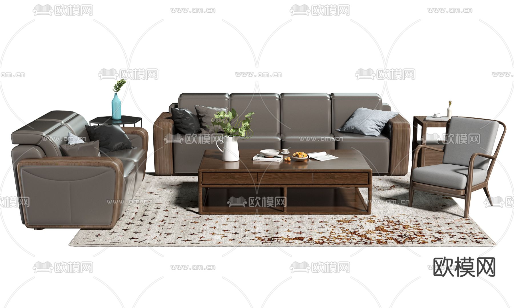 新中式皮革办公沙发组合3d模型下载（渲染图1）