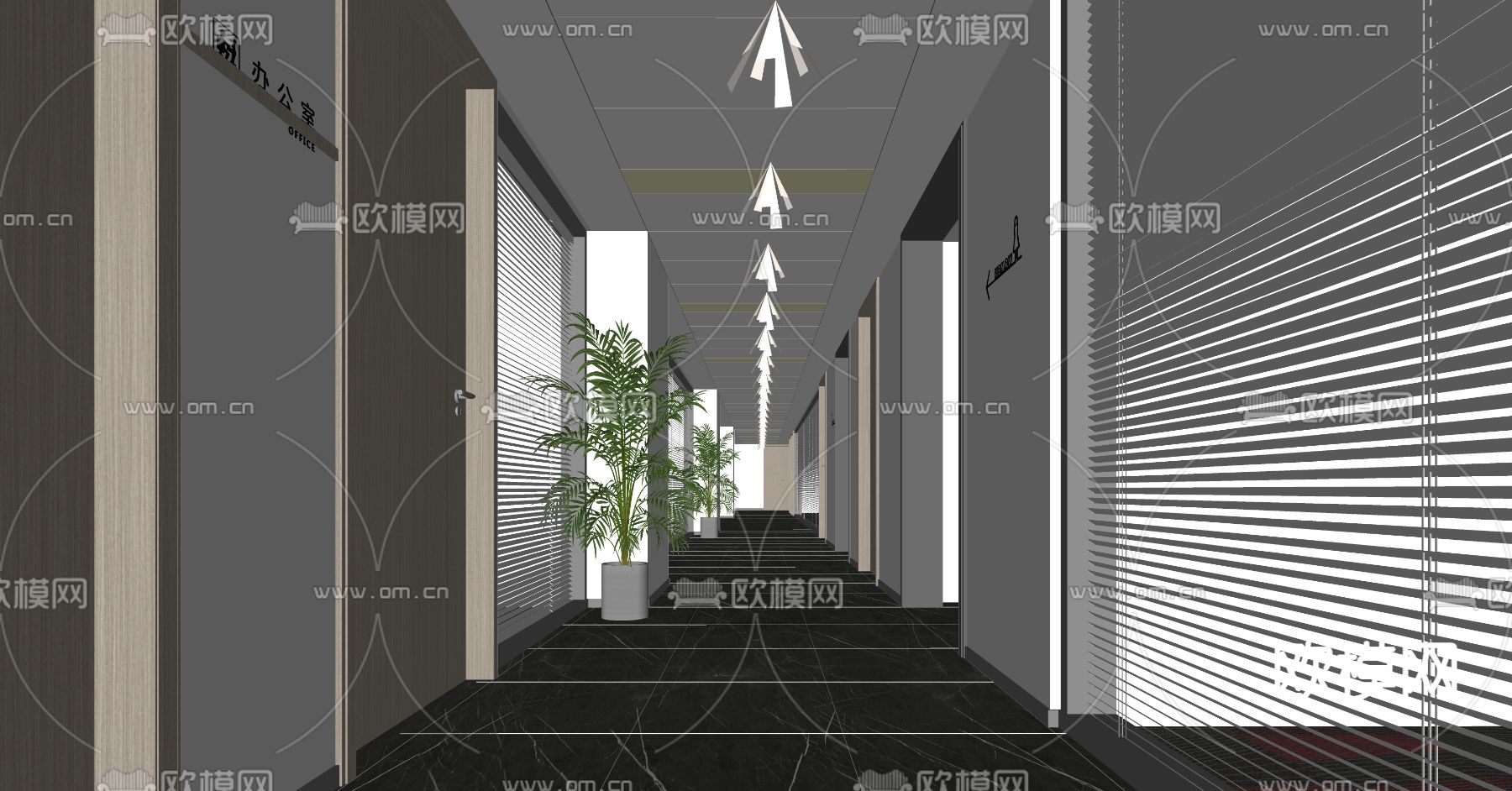现代办公室过道走廊su模型下载（渲染图2）