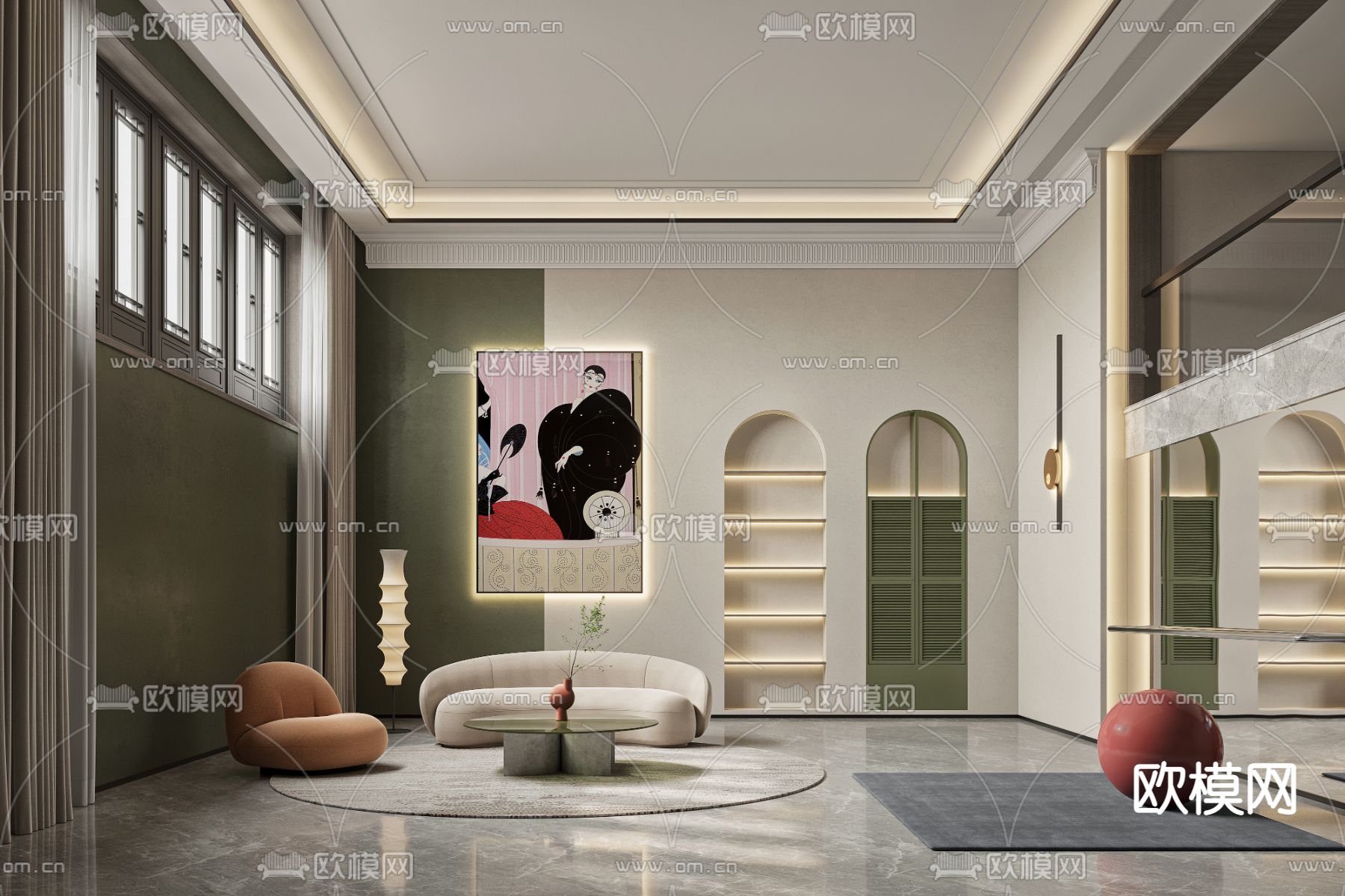 简欧地下室休闲健身区3d模型下载（渲染图1）