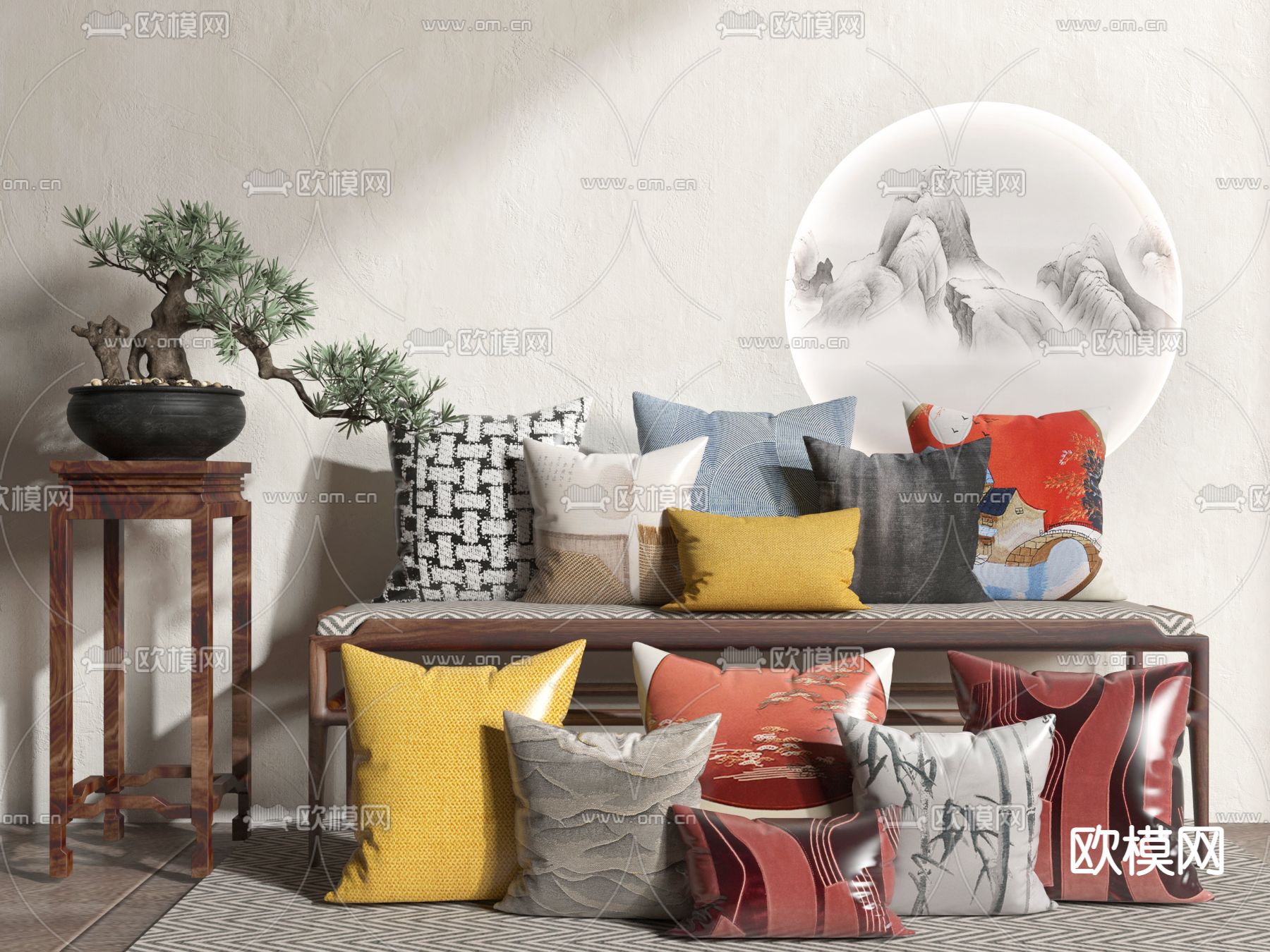 新中式布艺抱枕3d模型下载