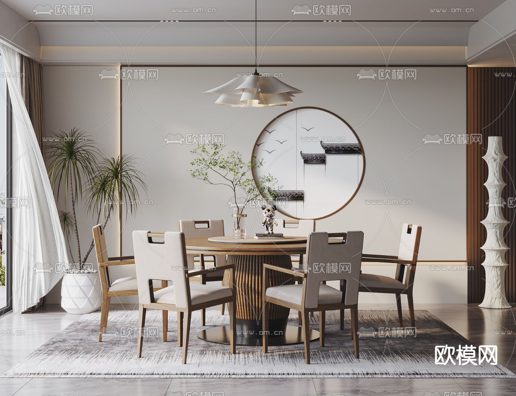 新中式实木圆形餐桌椅3d模型下载