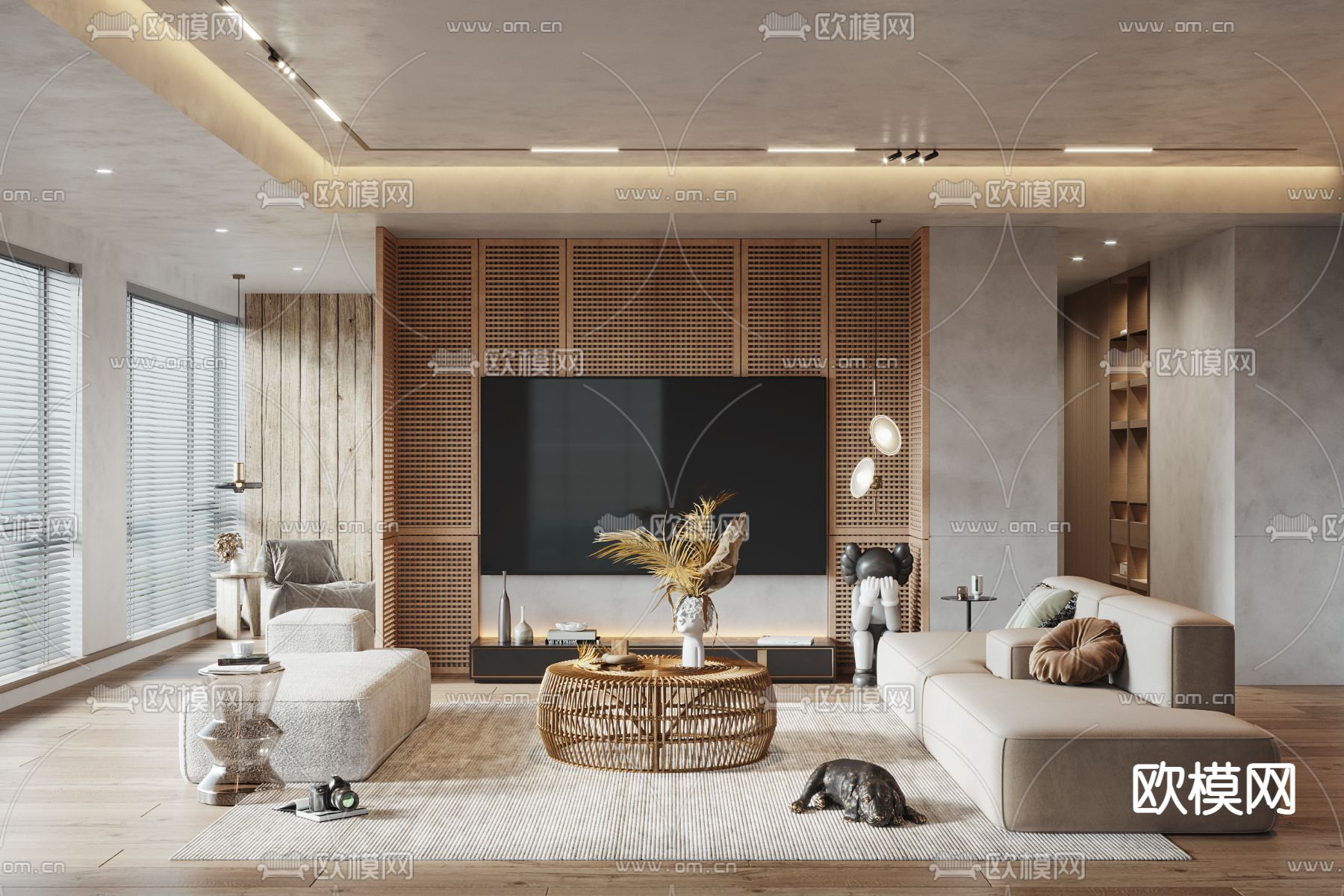 侘寂布艺沙发组合3d模型下载（渲染图1）