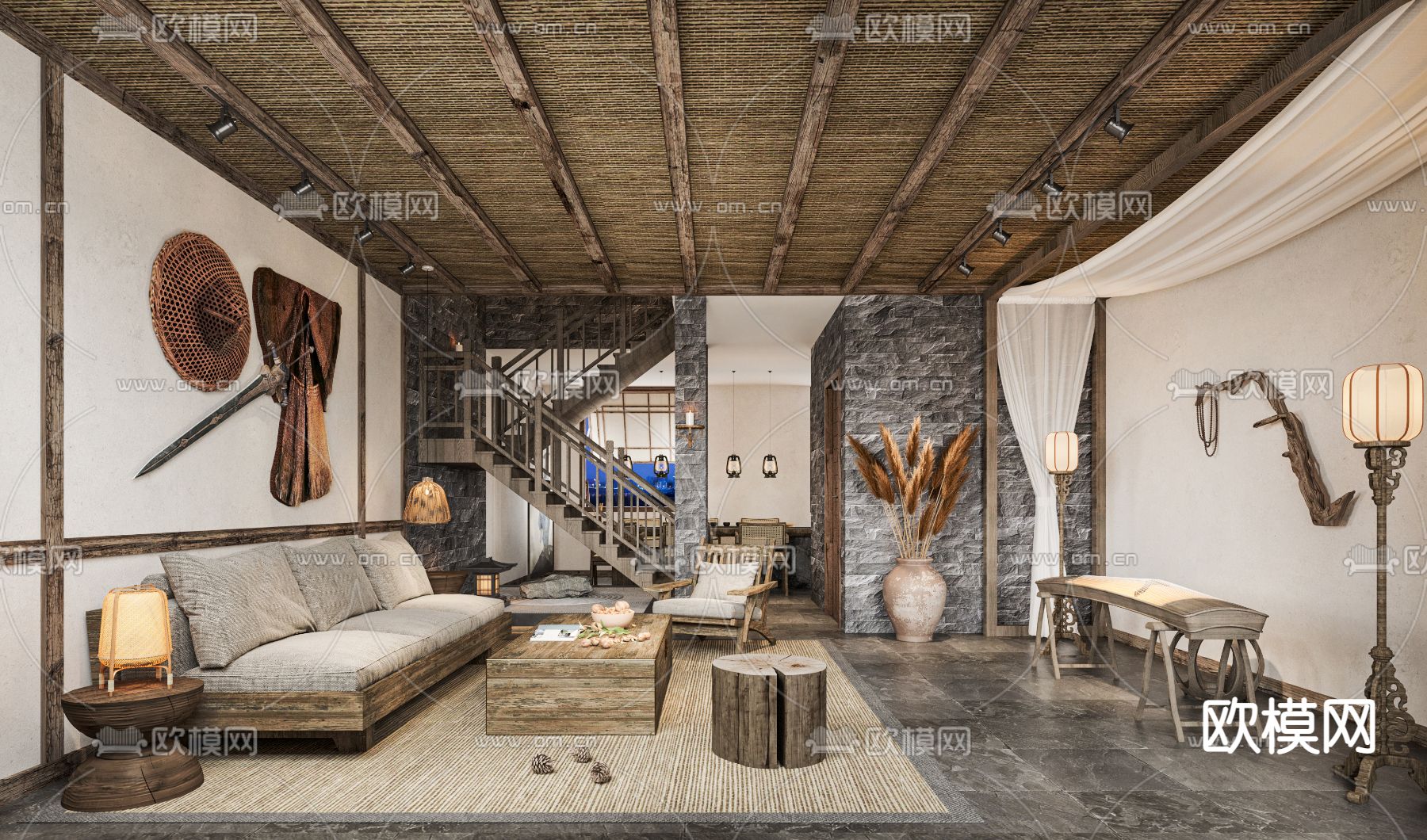 自然风民宿客厅餐厅3d模型下载（渲染图1）