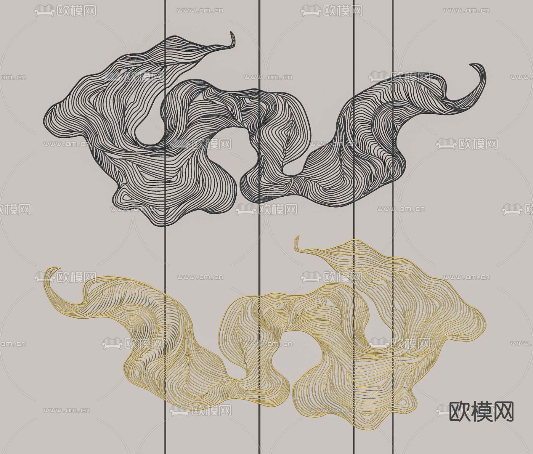 新中式波浪墙饰挂件su模型下载（渲染图2）