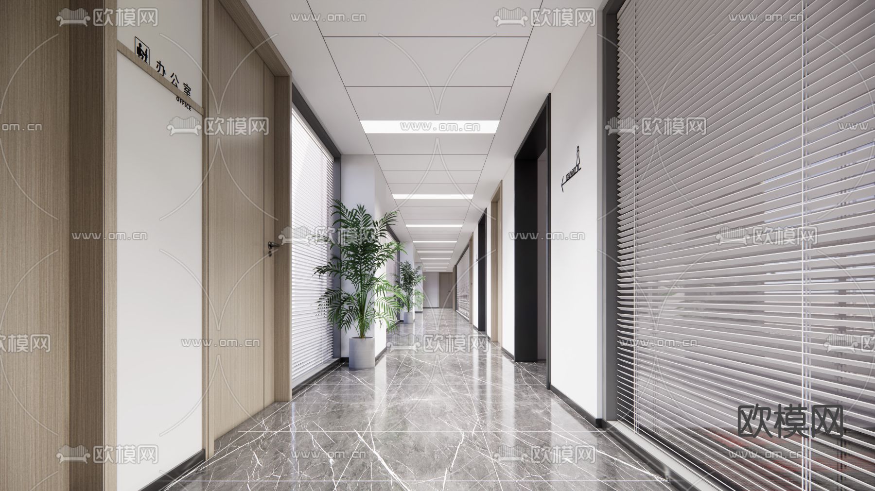 现代办公室过道走廊su模型下载（渲染图1）
