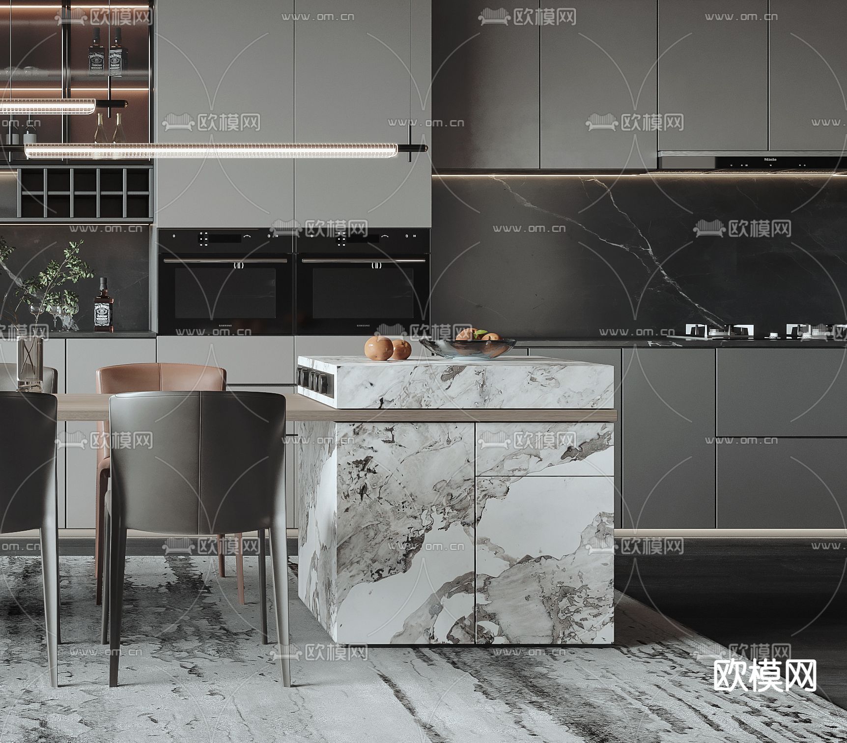 现代中岛餐桌椅3d模型下载（渲染图2）